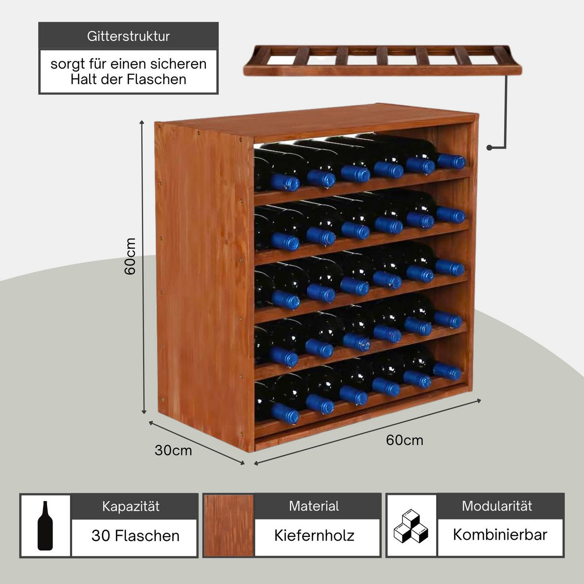 WEINREGAL Vincellar Mod 60x60x30 cm Standard Modul Für 30 Flaschen Massives Kiefernholz Braun Geölt - Braun, Holz (60/60/30cm) - PROREGAL