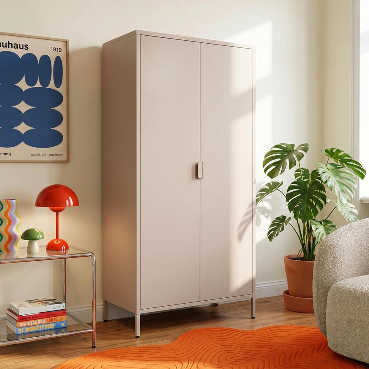 KLEIDERSCHRANK im Industrial-Design aus Metall H.170cm 2 Türen, 4 Ablagefächer, 2 Kleiderstangen Beige - Thea - Beige, Metall (80/170/45cm) - Sicaan