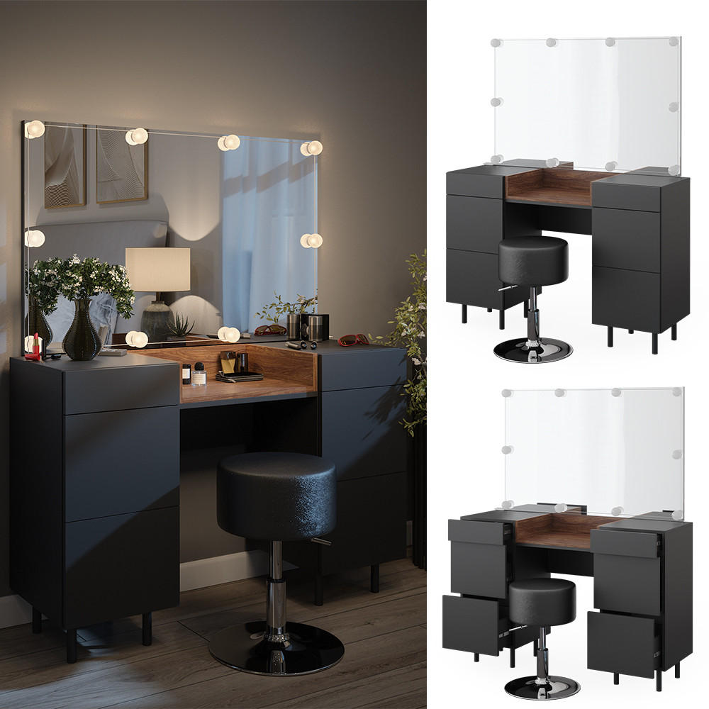 SCHMINKTISCH Anika Anthrazit 120 cm mit LED Beleuchtung und Hocker - Anthrazit/Walnussfarben, Holzwerkstoff (120/80/40cm) - Vicco