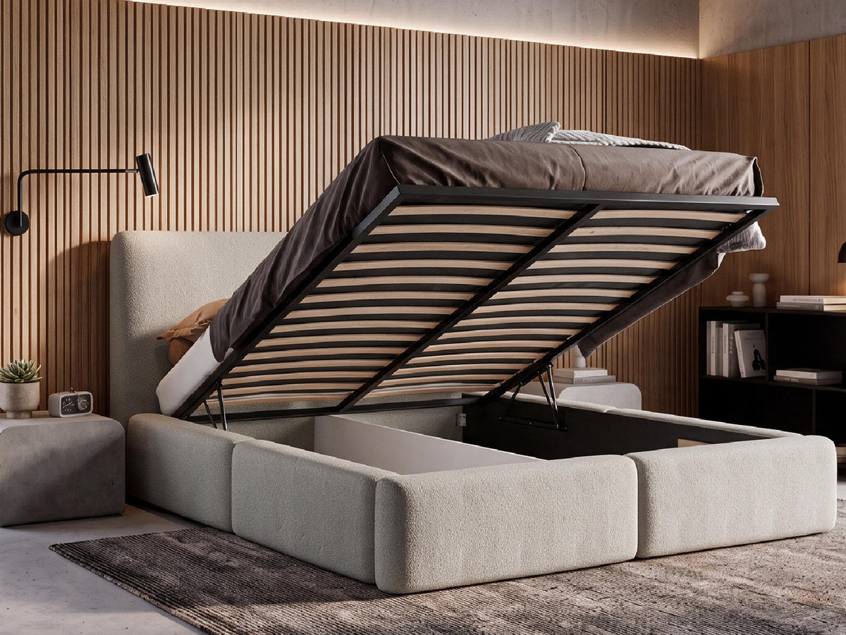 POLSTERBETT LIVIA 160x200 cm mit Bettkasten, Stauraum und Metall-Lattenrost – Bouclé Stoff Hellgrau - Hellgrau/Schwarz, Textil/Metall (160/200cm) - Luxkor24