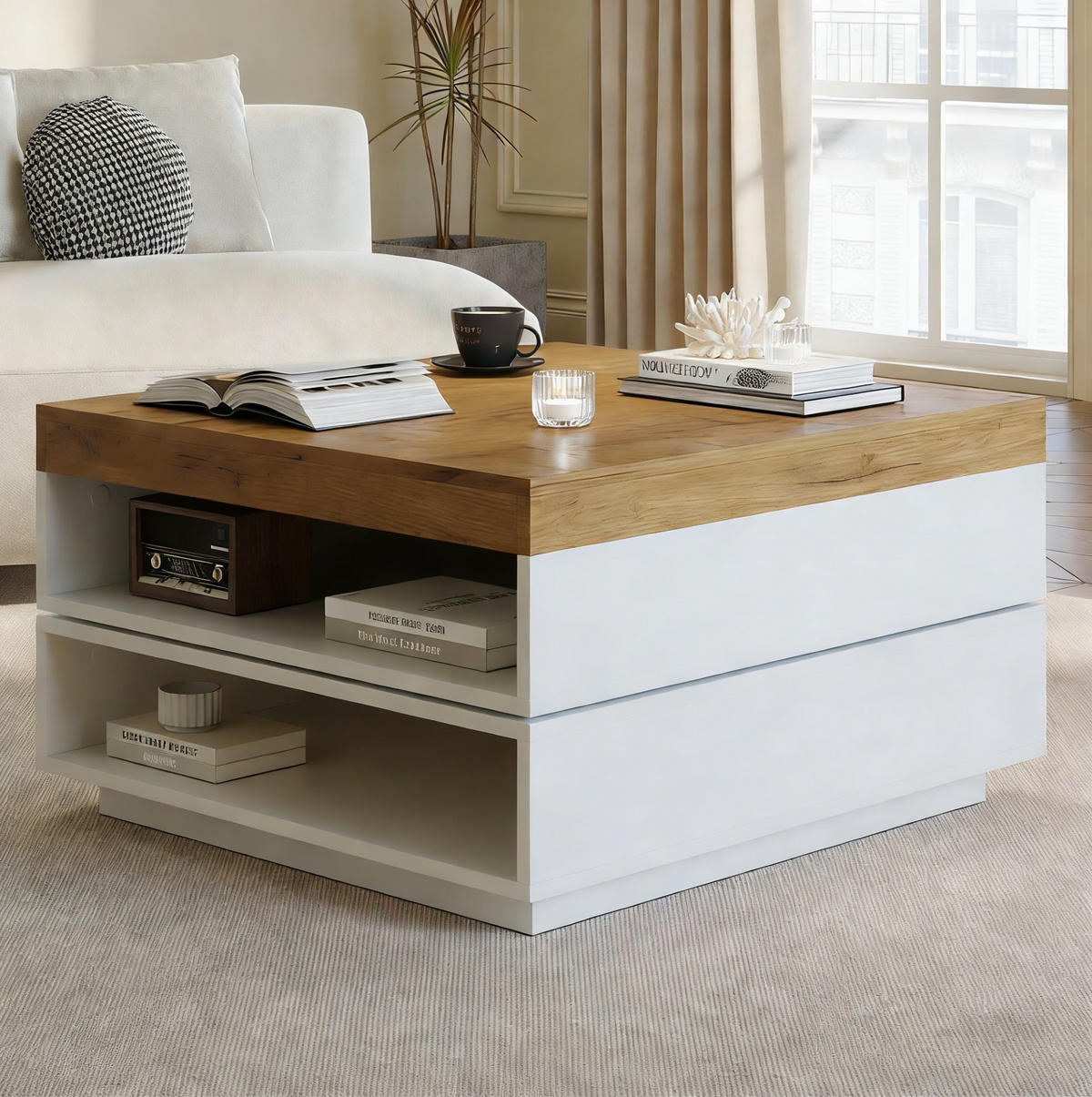 KONFERENČNÍ stolek 65/65/40 cm bílá a dubový dekor z MDF s LED a otočnou deskou - bílá, kompozitní dřevo (65/65/40cm) - OKWISH