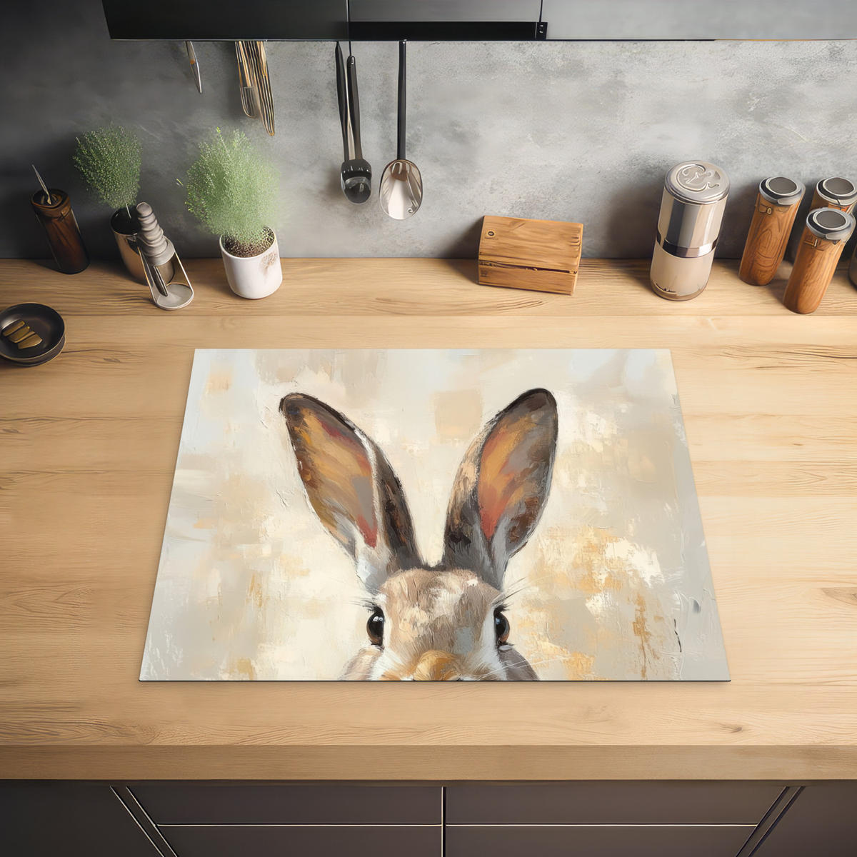 HERDABDECKPLATTE Hase - Ohren - Braun Herdabdeckung Induktionsfeld 65x52 cm - Beige, Kunststoff (65/52/0.2cm) - MuchoWow
