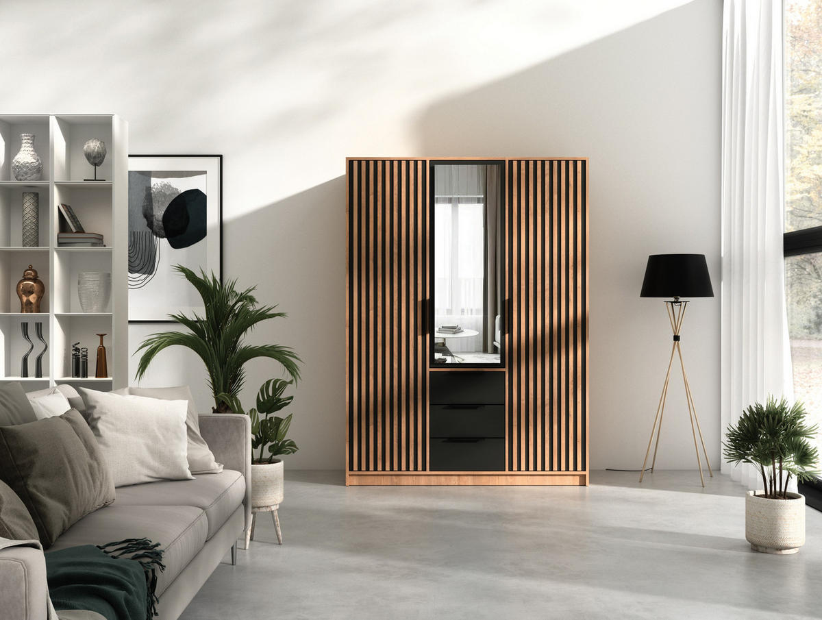 DREHTÜRENSCHRANK GAREN 149/200/57,5 cm 3-türig mit Spiegel Eiche Wotan - Eiche Wotan/Schwarz, Holzwerkstoff (149/200/57.5cm) - MASSENO