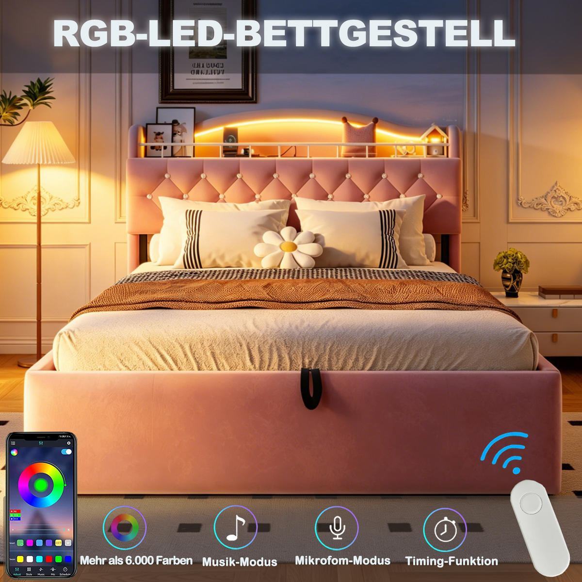 POLSTERBETT 140x200cm Samt LED Kopfteil Stauraum USB Rosa - Pink, Metall (140/200cm) - FLIEKS