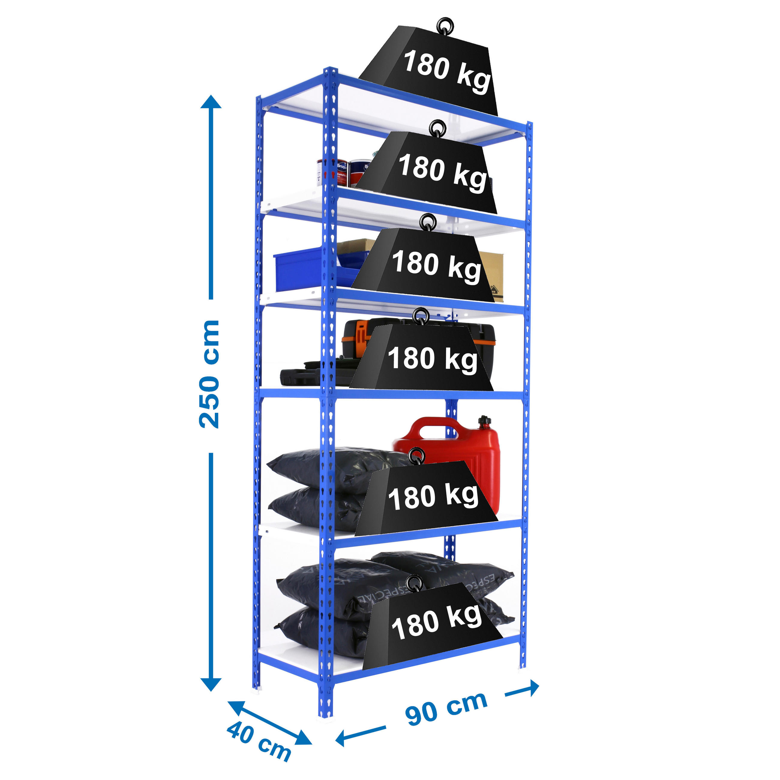 SCHWERLASTREGAL Giant Metal Shark HxBxT 250 x 90 x 50 cm Fachlast 180 kg Blau-Weiß - Blau, Metall (90/250/50cm) - PROREGAL