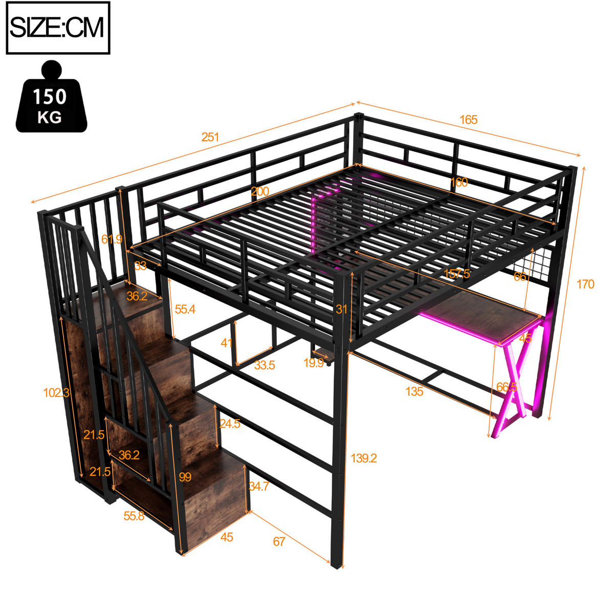 HOCHBETT aus Metall und MDF 160x200 cm Schwarz mit Schreibtisch, Kleiderschrank und LED-Beleuchtung - Schwarz, Holzwerkstoff (160/200cm) - Modfu