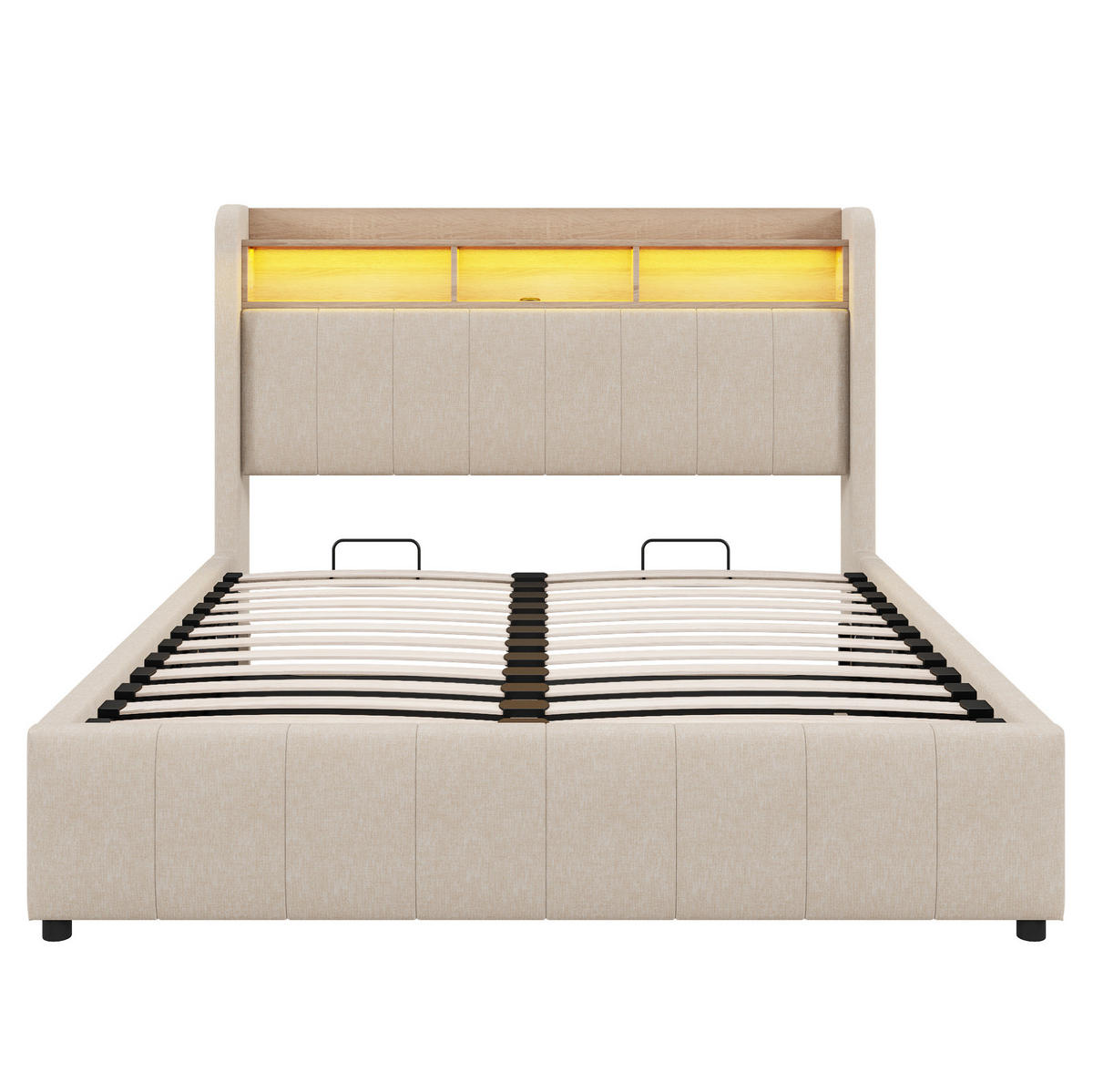 POLSTERBETT 160/200 cm Beige aus Leinenstoff mit LED und Stauraum - Beige, Textil (160/200cm) - OKMYHOME