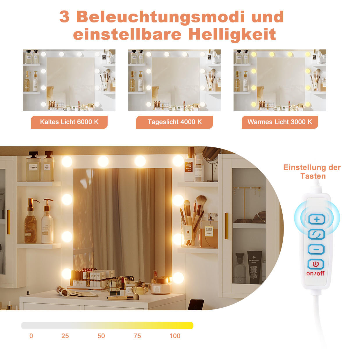 SCHMINKTISCH mit Spiegel, 150 x 40 x 135 cm, 10 dreifarbige LED-Lampen, Steckdosenleiste, 2 Türen und 8 Schubladen, 4 Regale, Weiß - Weiß, Holzwerkstoff (40/75/150cm)