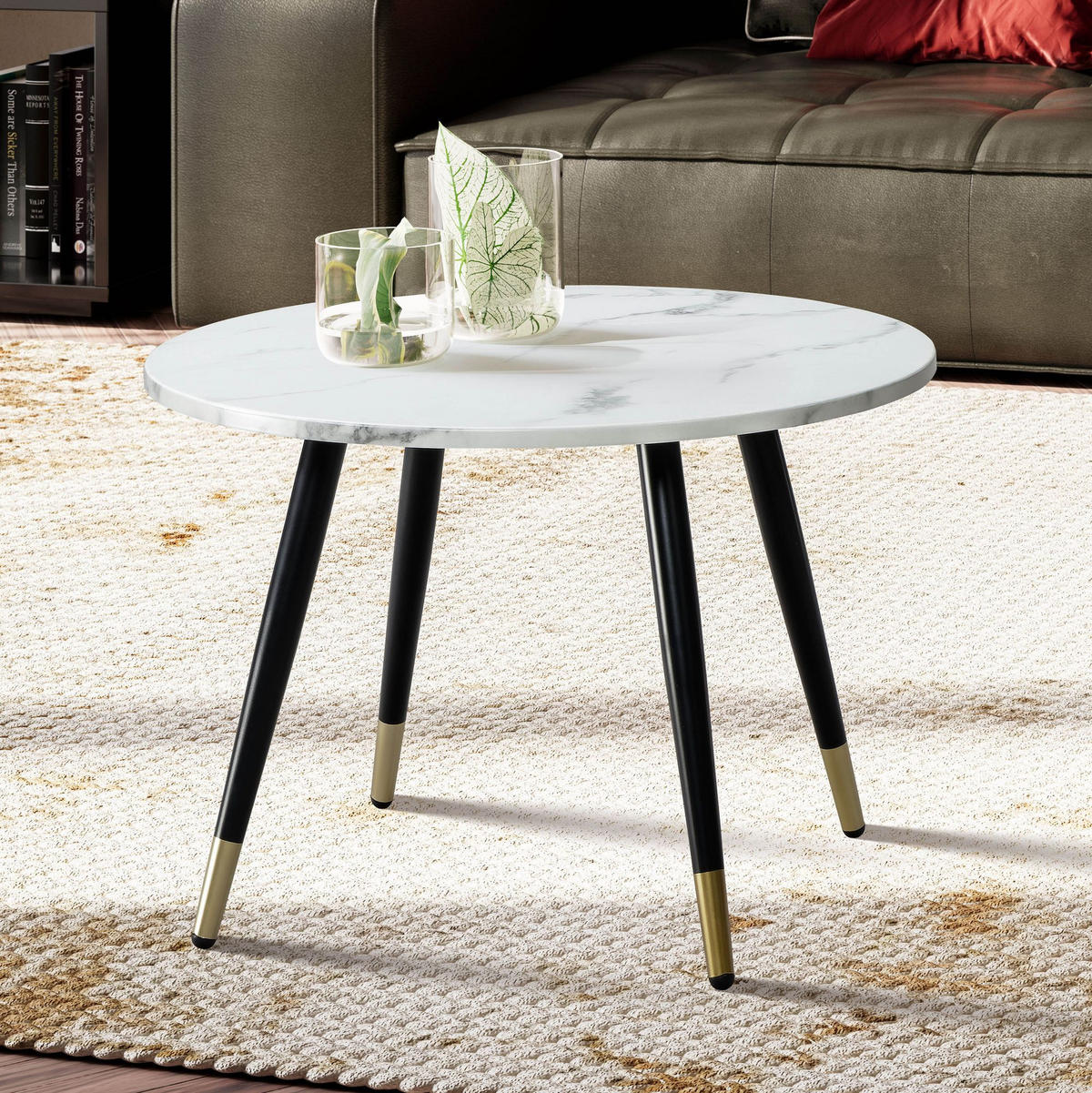 COUCHTISCH mit Marmor Optik, Modernes Design, Metall-Gestell, Runde Form, Weiß 60x60x41 cm - Goldfarben/Weiß, Holzwerkstoff/Metall (60/60/41cm) - KADIMA DESIGN