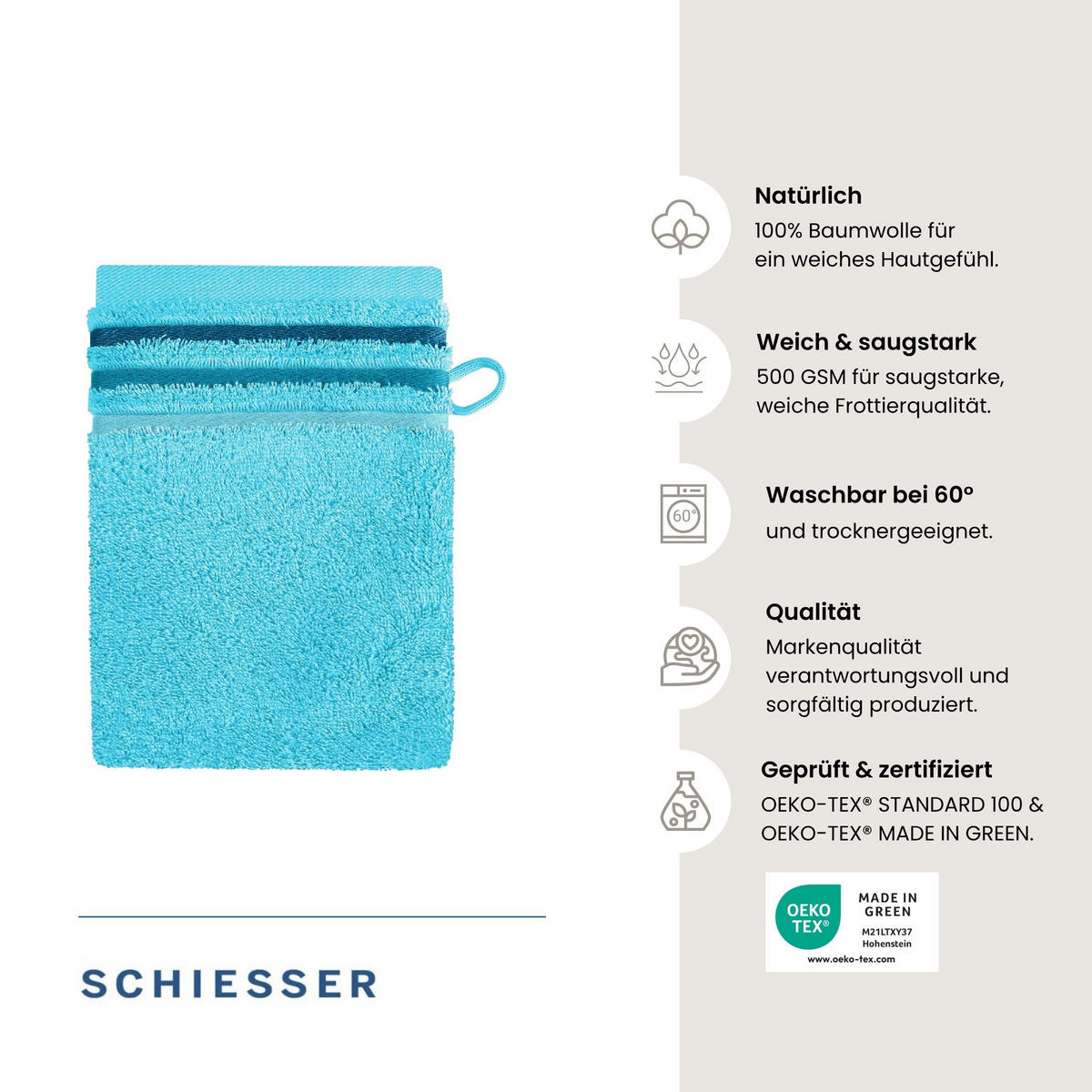 WASCHHANDSCHUHSET Skyline Color - 5-teilig - 16x22 cm - Türkis - Türkis, Textil (16/22cm) - SCHIESSER
