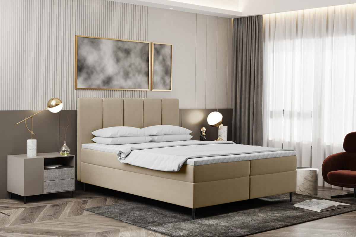 BOXBETT Mit Bettkasten Und Matratze POEL Ecru 180x200 cm H3-Bonell - Ecru/Mooreichefarben, Holz/Holzwerkstoff (180/200cm) - Kaiser Möbel