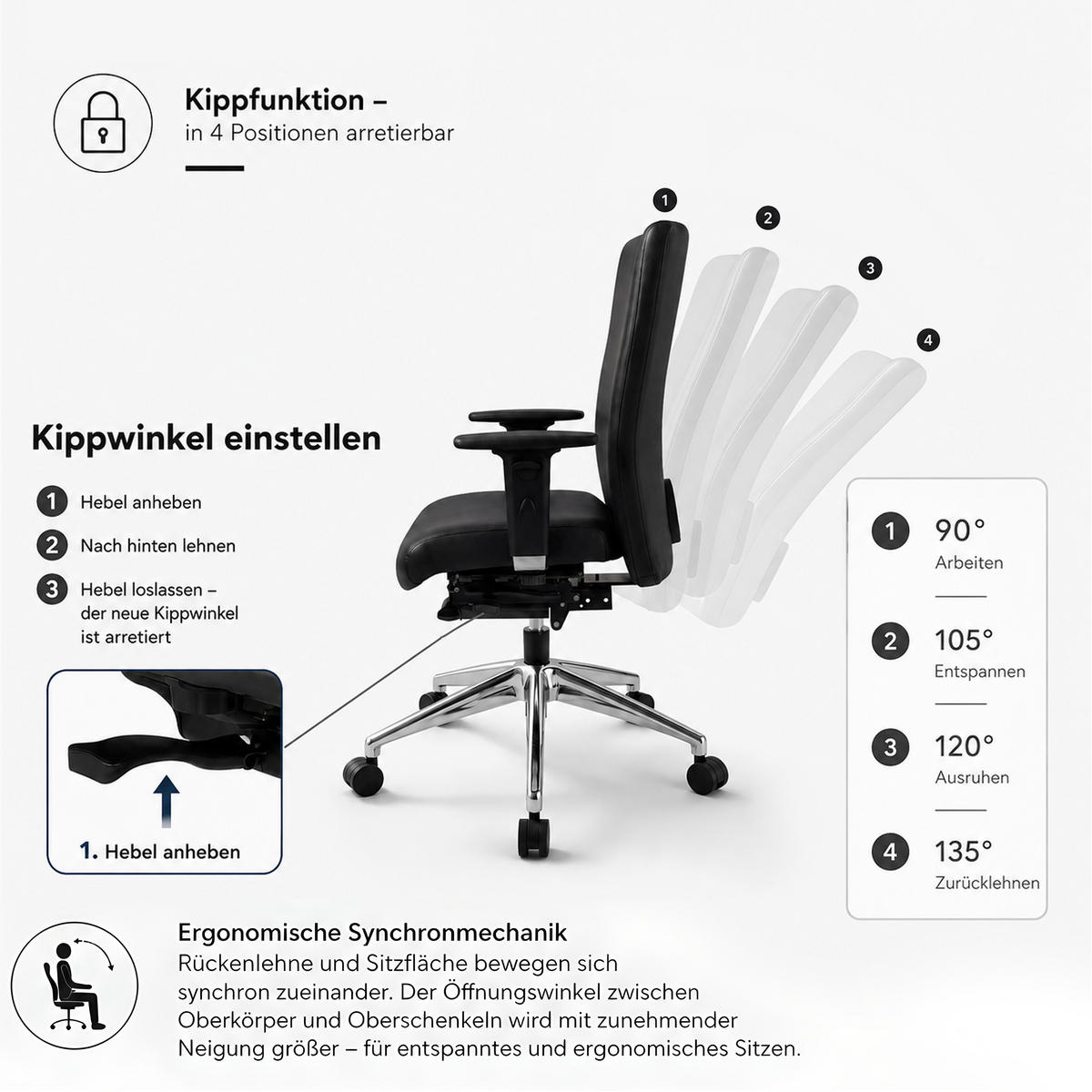 BÜROSTUHL Terox Echtleder Schwarz - ergonomisch, 150 kg belastbar, Sitzhöhe 54-66cm - Schwarz, Leder/Kunststoff (65/106/60cm) - Versee