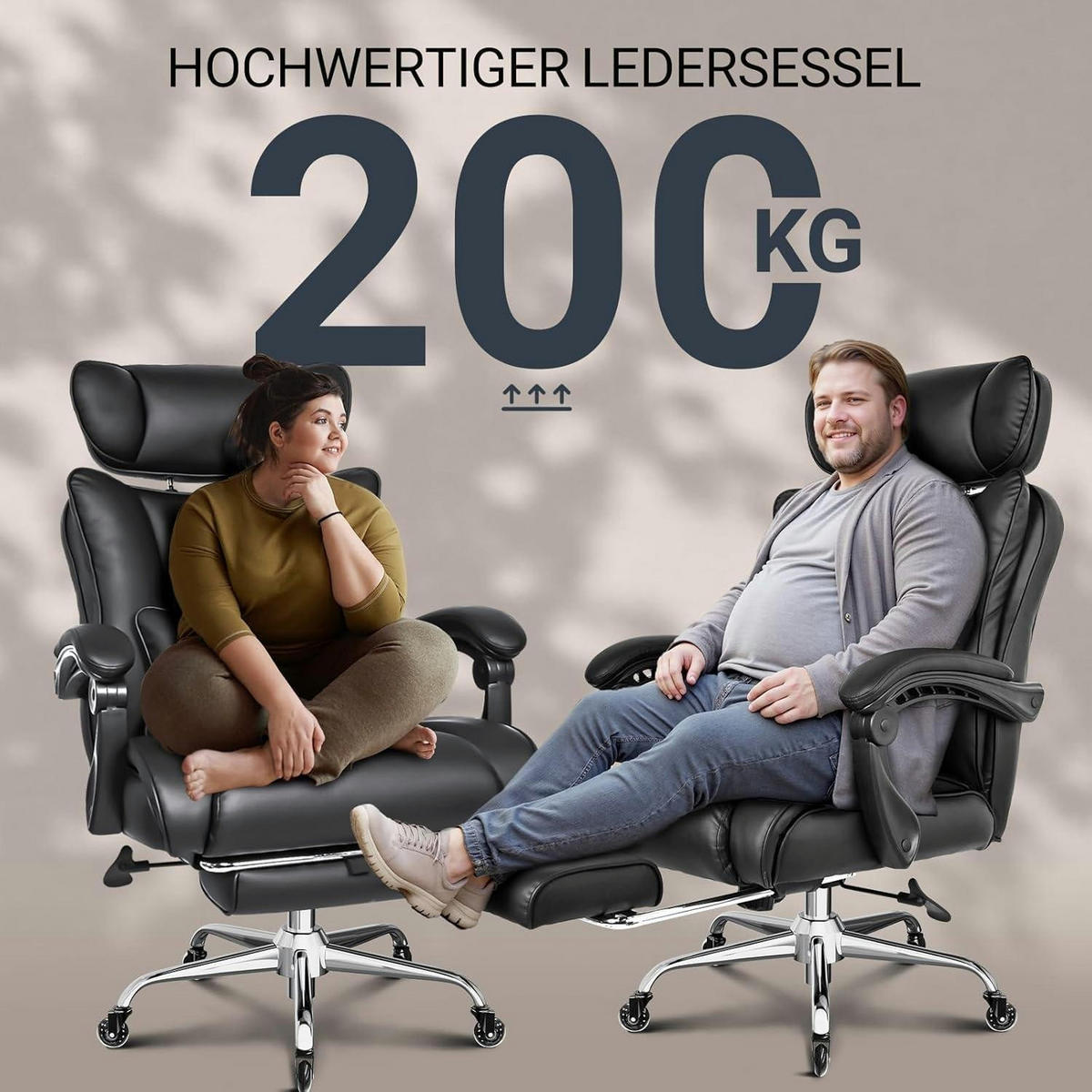 BÜROSTUHL 200kg belastbar mit Fußstütze und verstellbarer Kopfstütze Schwarz - Schwarz, Kunststoff (38/66/82cm)