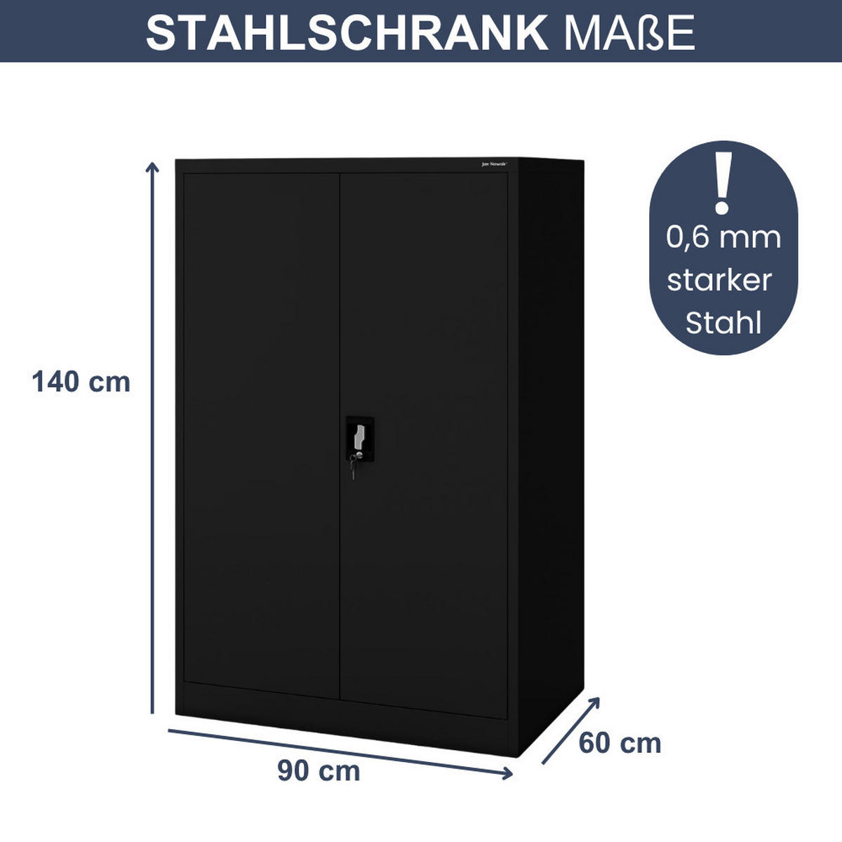 AKTENSCHRANK abschließbar KADO Flügeltüren 140x90x60cm Schwarz - Schwarz, Metall (90/140/60cm) - DELUKE