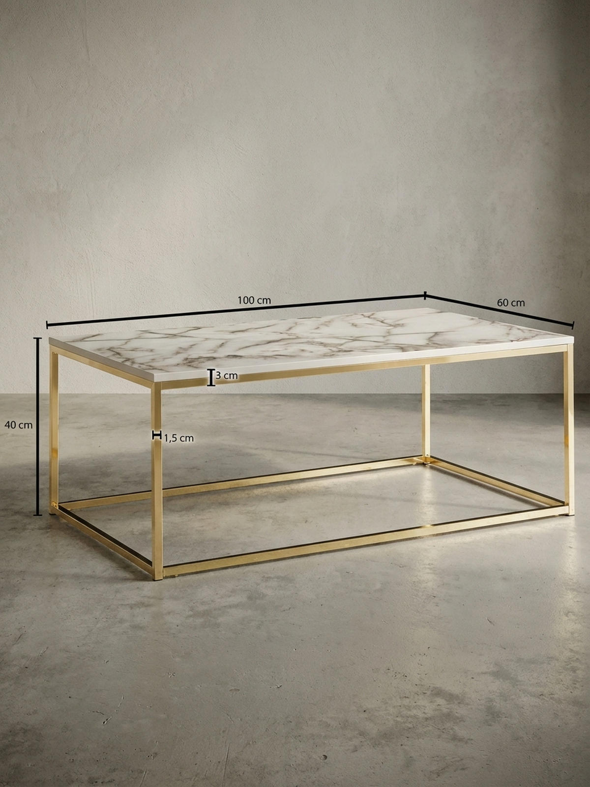 COUCHTISCH mit Marmor-Optik, Metallbeine, rechteckig, Serie MARBRIX, Weiß 100x60x40 cm - Goldfarben/Weiß, Holz/Metall (60/100/40cm) - KADIMA DESIGN