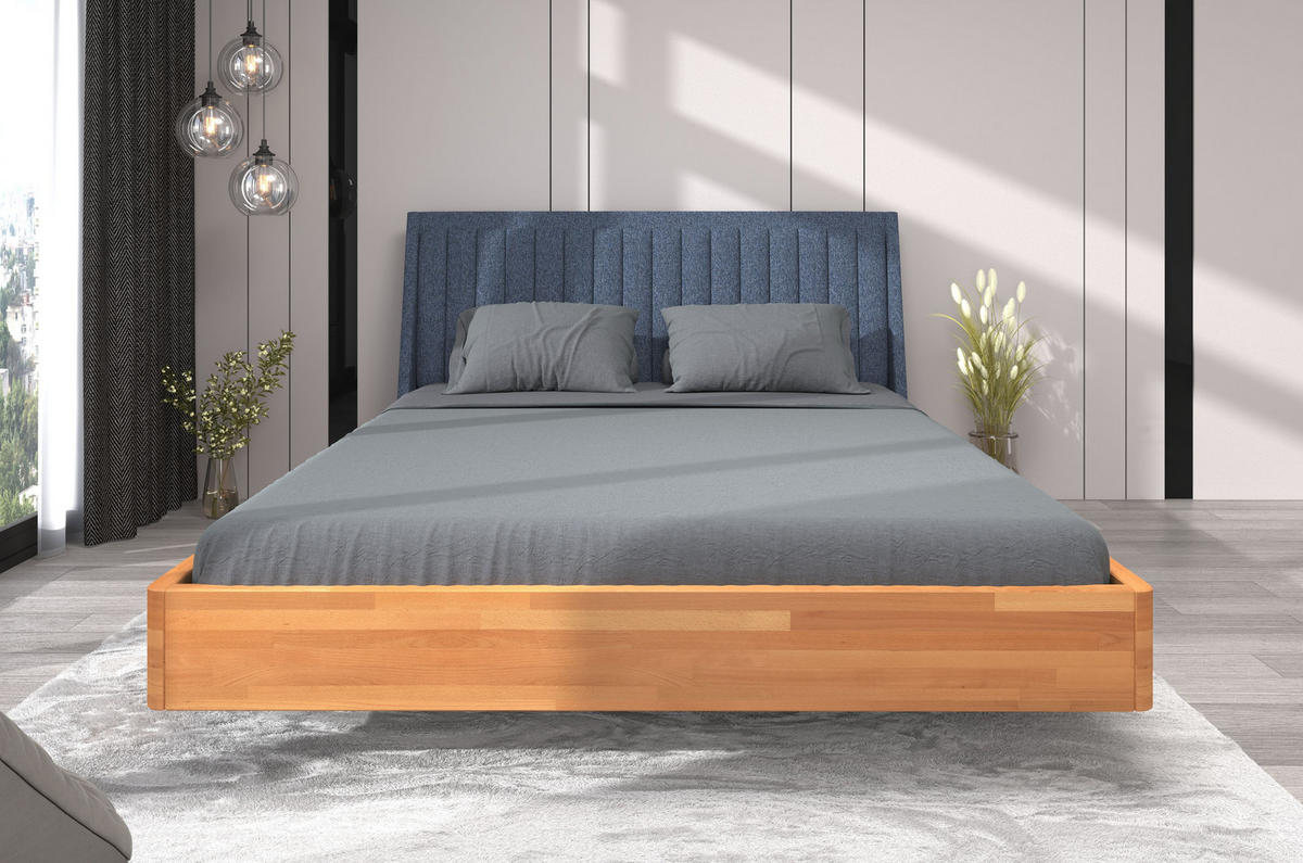 MASSIVHOLZBETT Ulf 180/200, schwebende Optik, Naturfarben-Denim Blau - Buchefarben, Holz/Buchenholz (180/200cm) - Visby