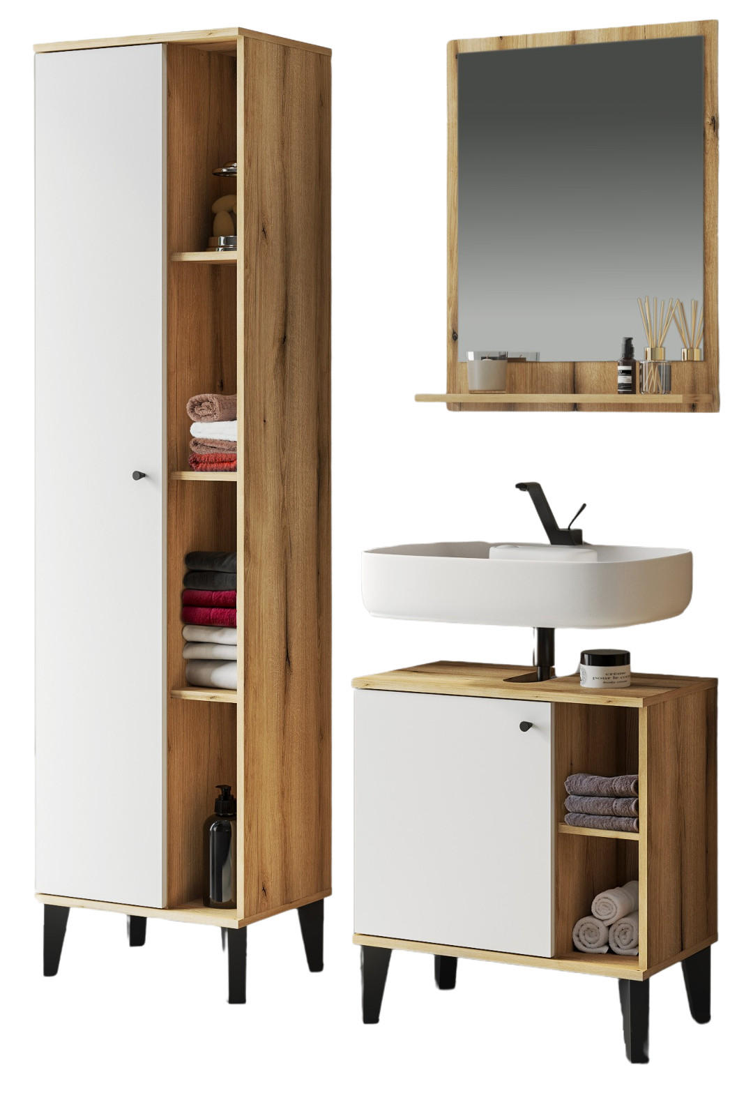 BADMÖBEL-SET 3-teilig weiß, Evoke Eiche, Badkombination 121 x 190 cm - Eichefarben/Schwarz, Glas/Holzwerkstoff (121/190/33cm) - Furn.Design