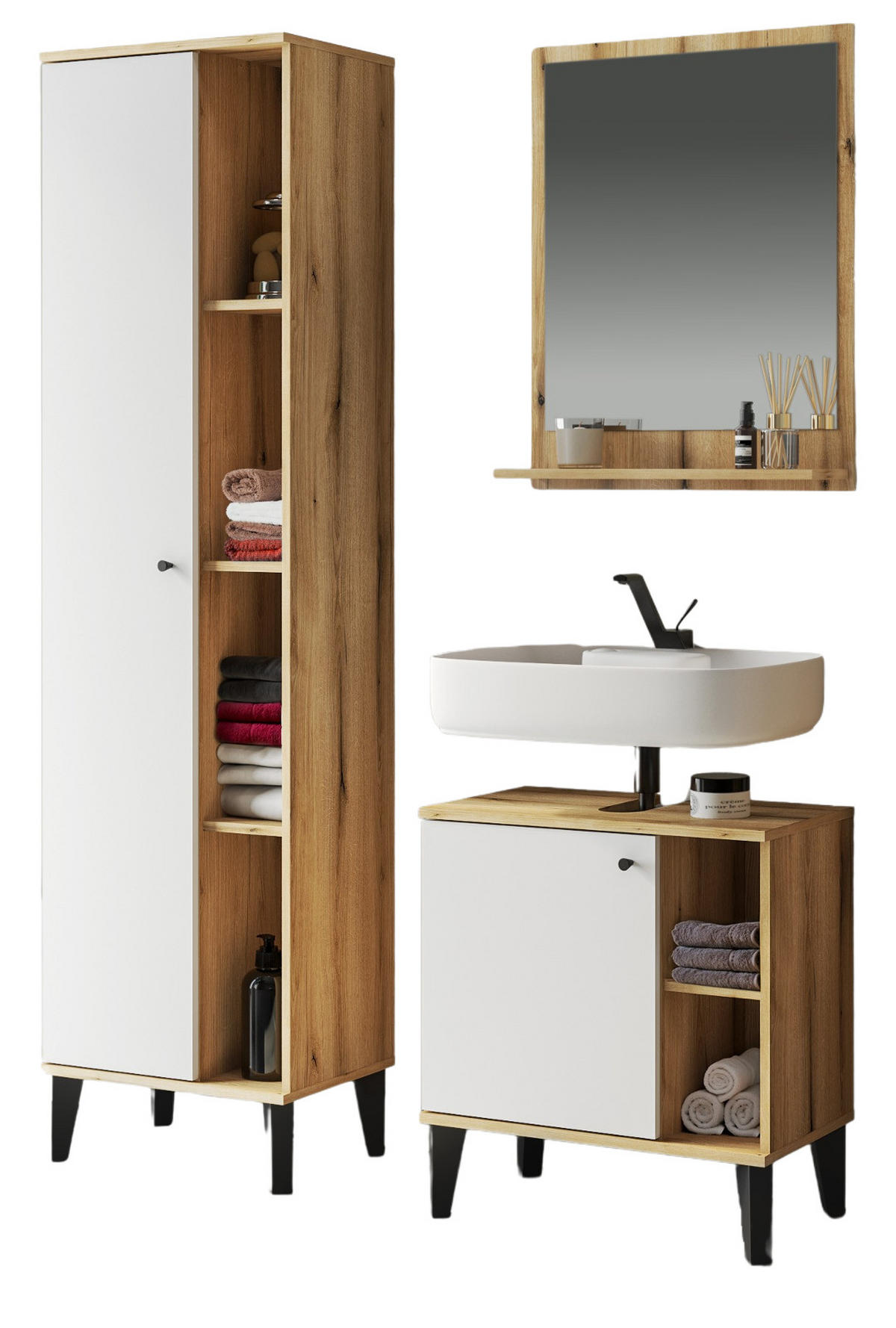 BADMÖBEL-SET 3-teilig weiß, Evoke Eiche, Badkombination 121 x 190 cm - Eichefarben/Schwarz, Glas/Holzwerkstoff (121/190/33cm) - Furn.Design