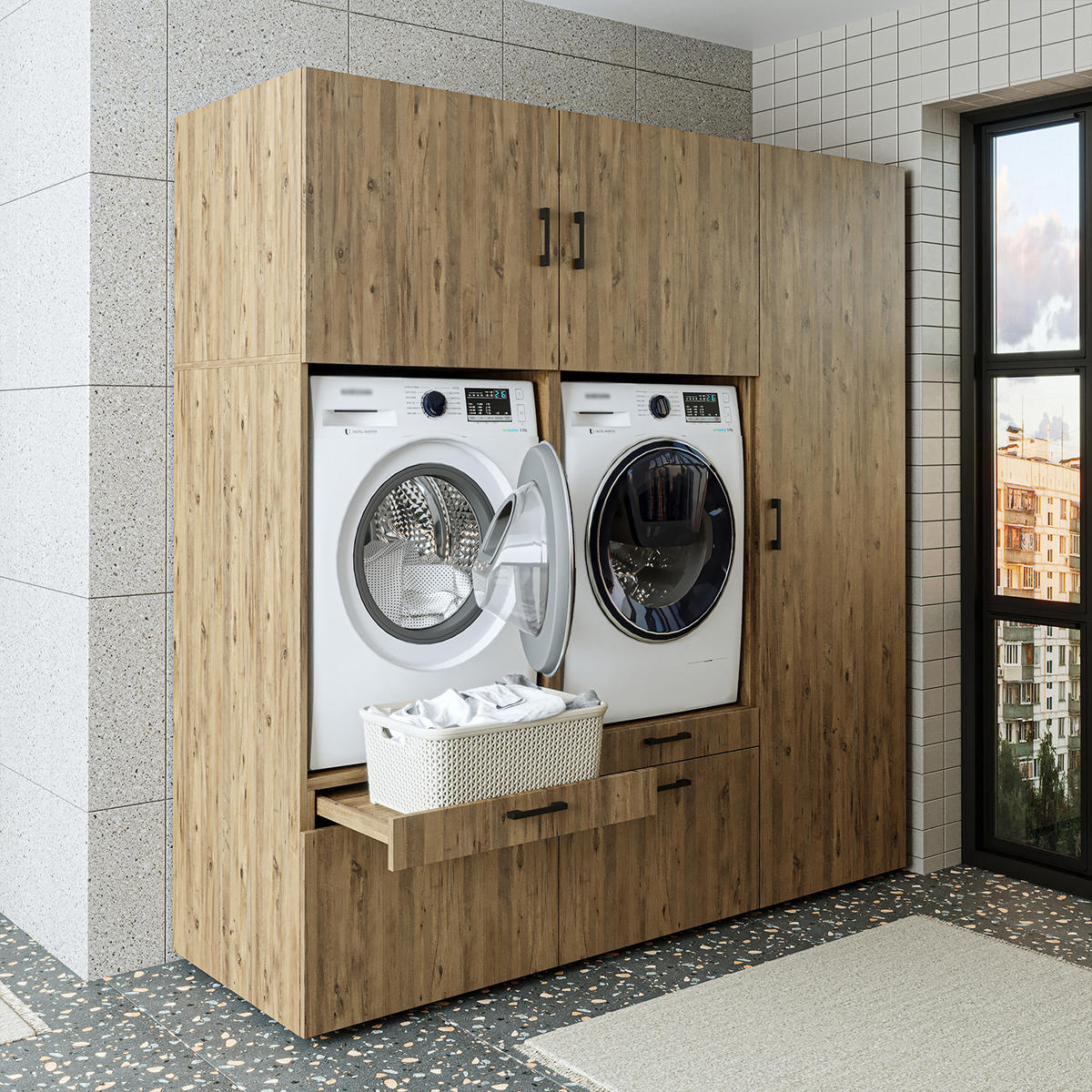WASCHMASCHINENSCHRANK Serie 2 194cm Breit, 205cm Hoch - Eichefarben, Holzwerkstoff (194/205/67cm)