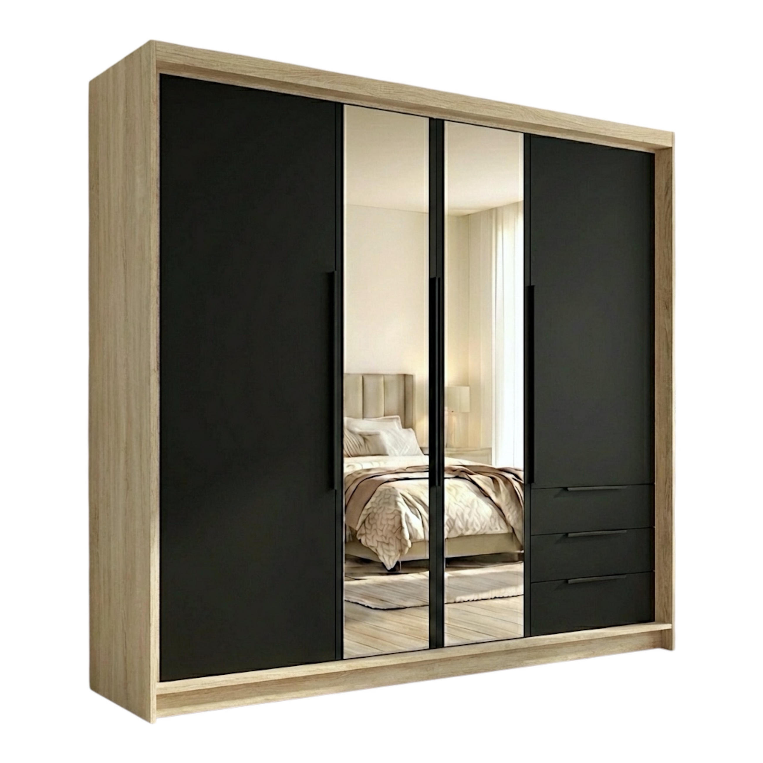 A&J MöbelLand Drehtürenschrank Braun, Schwarz, Schwarz 200x215x59.5 cm