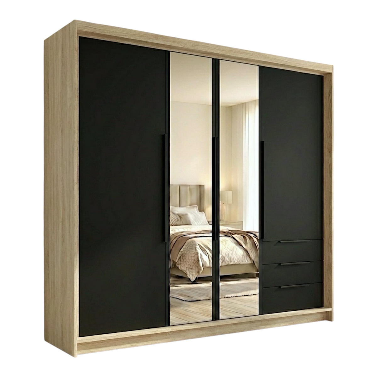 DREHTÜRENSCHRANK VIVO 200 cm Farbe: Sonoma | Schwarz | Schwarz - Schwarz/Braun, Holzwerkstoff/Metall (200/215/59.5cm) - A&J MöbelLand