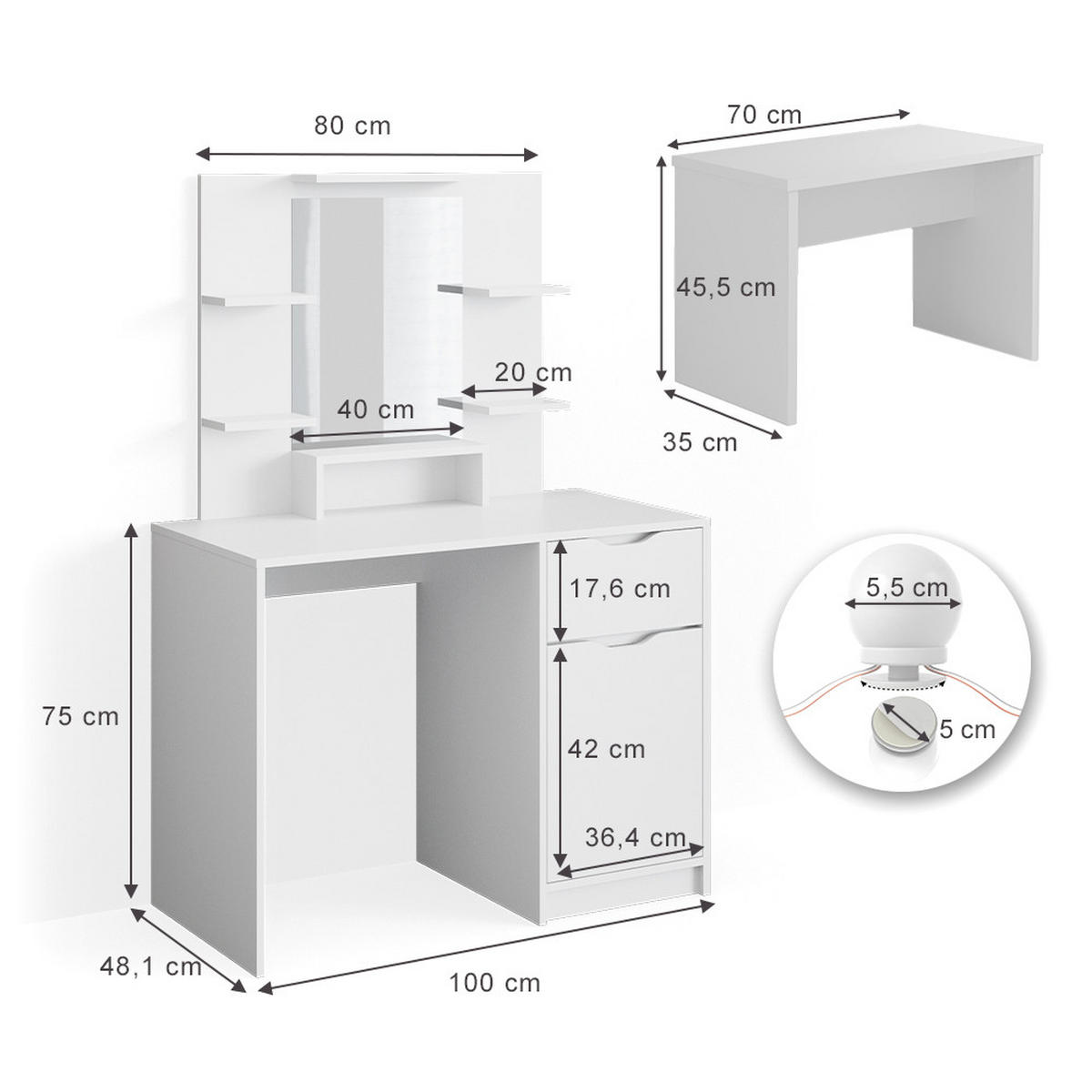 SCHMINKTISCH Ruben Little Weiß 100 cm mit LED Beleuchtung und Bank - Weiß, Holzwerkstoff (100/142/42cm) - Vicco