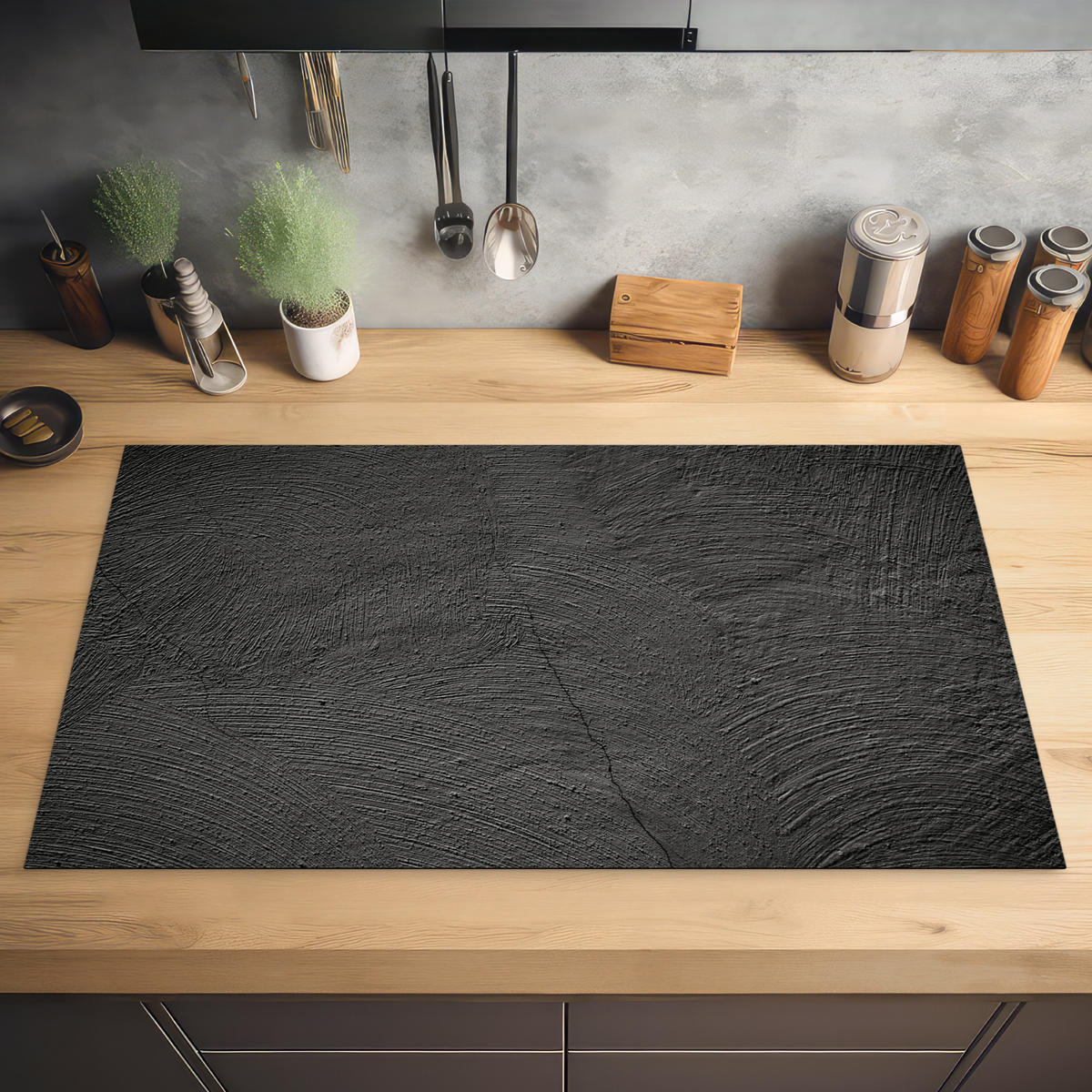 HERDABDECKPLATTE Beton - Schwarz - Industriell Ceranfeldabdeckung 90x52 cm - Anthrazit, Kunststoff (90/52/0.2cm) - MuchoWow