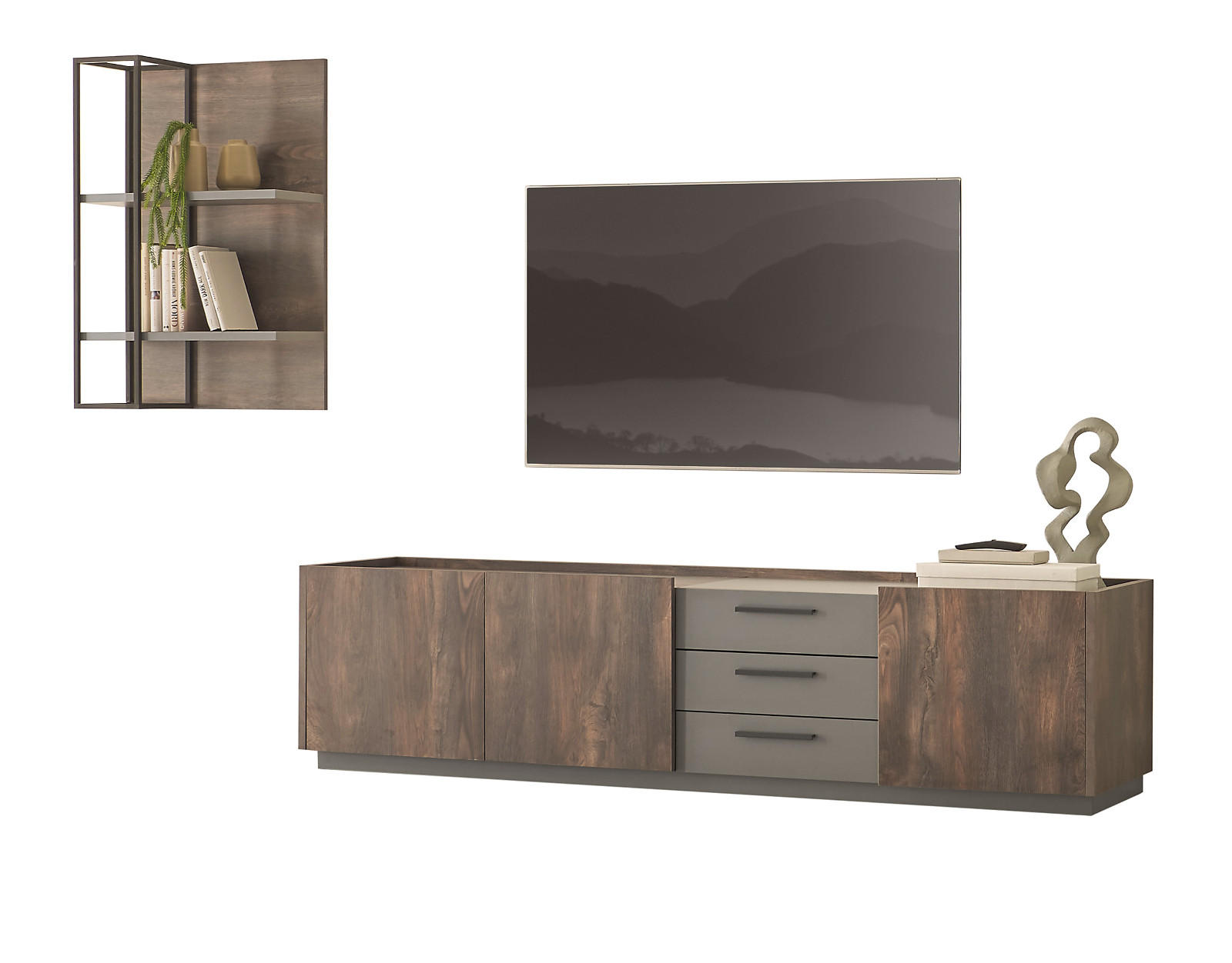 WOHNWAND Thermo Eiche, grau, Wohnkombination 2-teilig mit Soft-Close 270 x 180 cm - Eichefarben/Grau, Holzwerkstoff/Metall (270/180/45cm) - Furn.Design