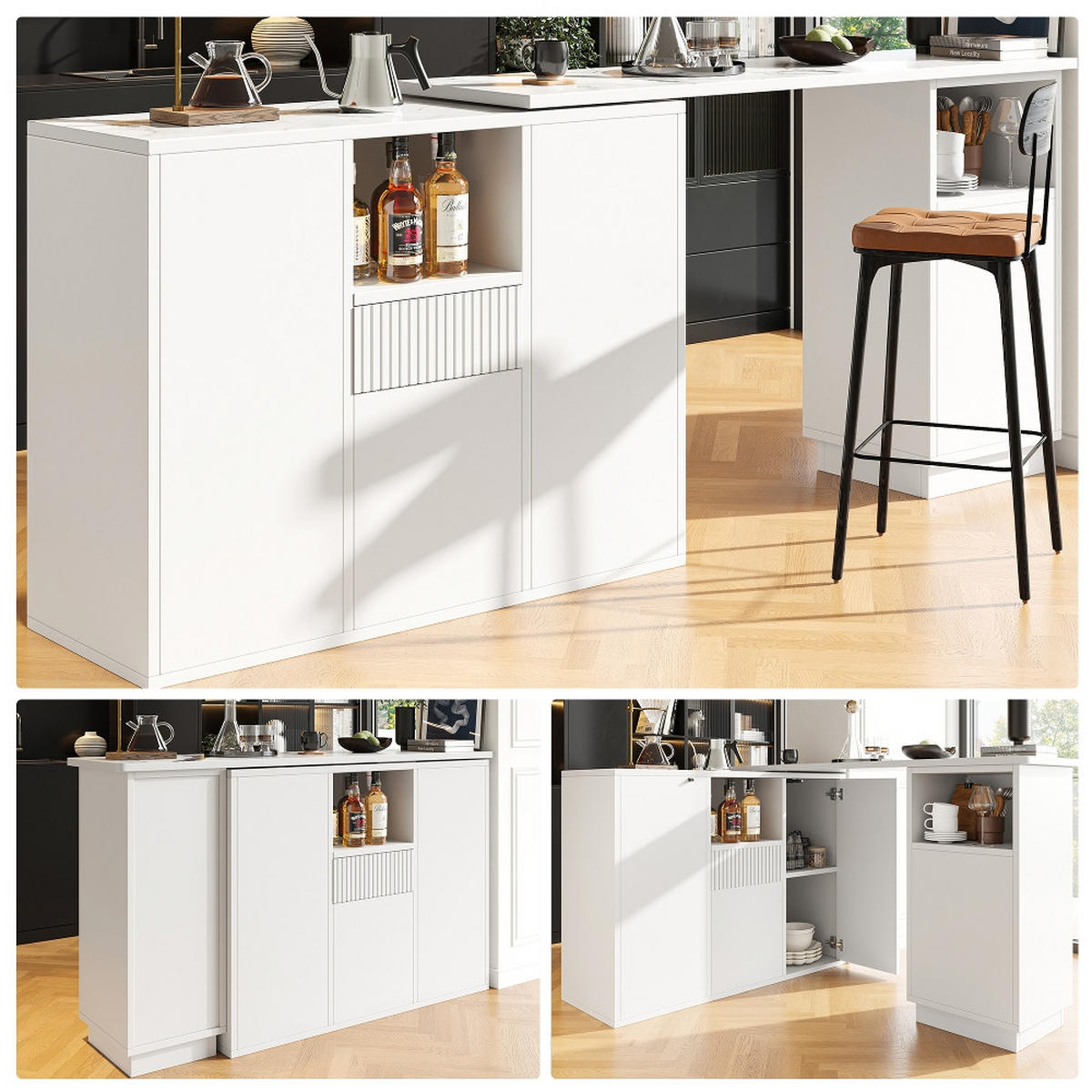 KÜCHENINSEL BARTISCH DREHBAR mit Stauraum Weiß Marmor-Optik 210/30/100,9 cm - Weiß, Kunststoff (30/100.9/210cm) - Rolipo