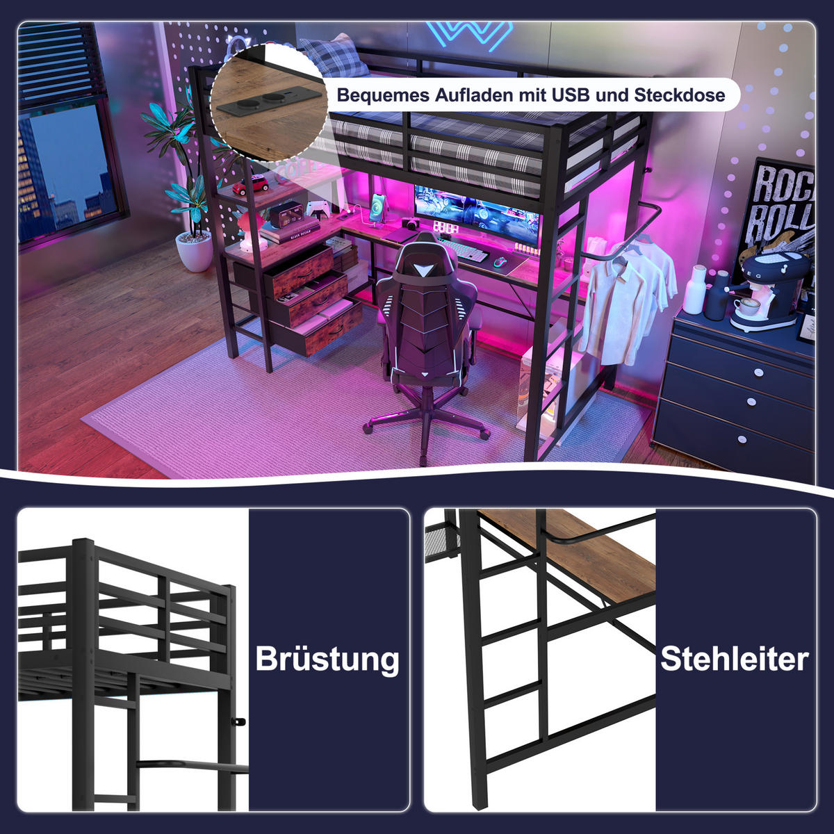 HOCHBETT 90/200 cm aus Metall/MDF mit Schreibtisch und LED-Beleuchtung Schwarz - Schwarz, Metall (90/200cm) - Modenvie