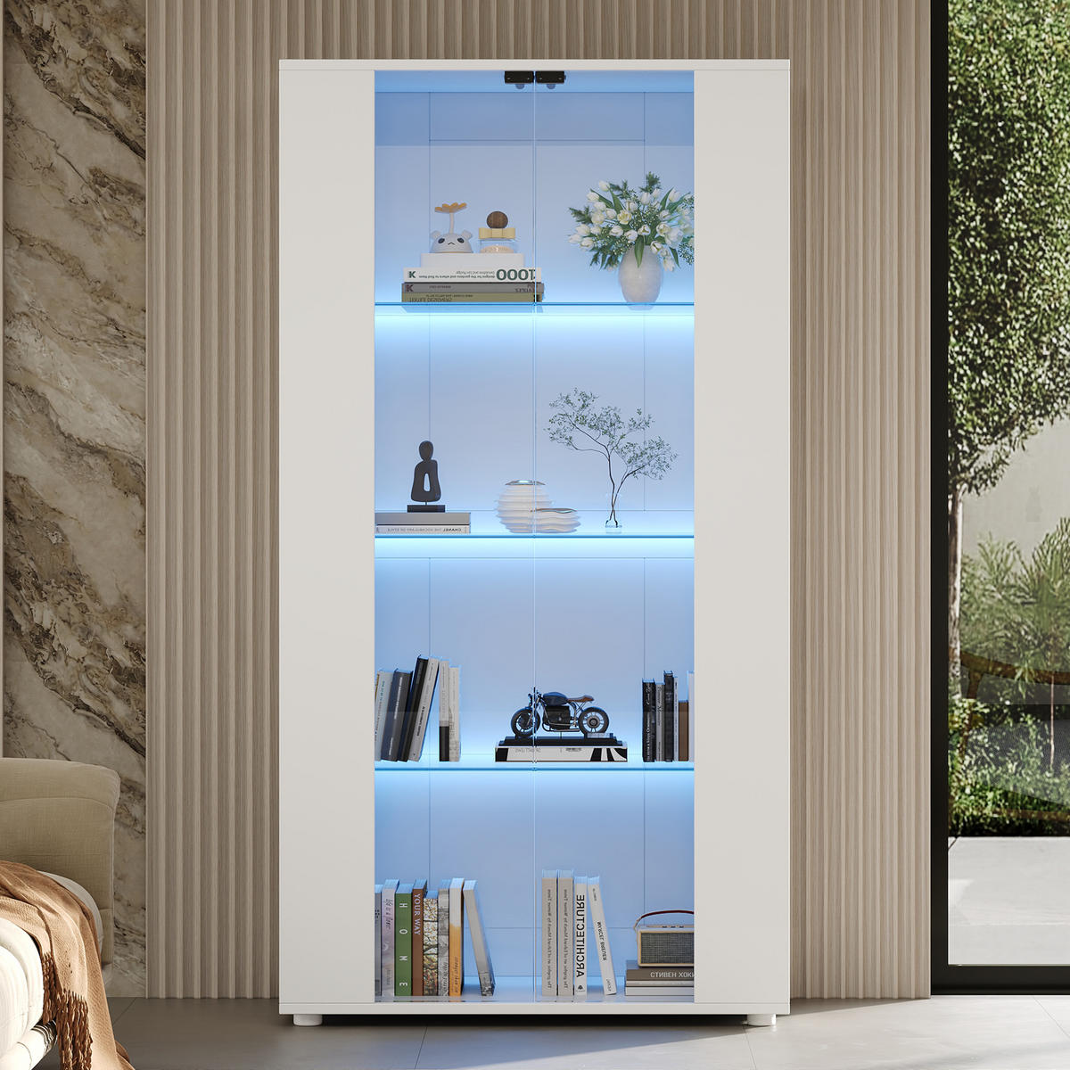 VITRINE 80x36x150 cm Weiß mit LED und 2 Türen - Weiß, Holzwerkstoff (80/150/36cm) - FLIEKS
