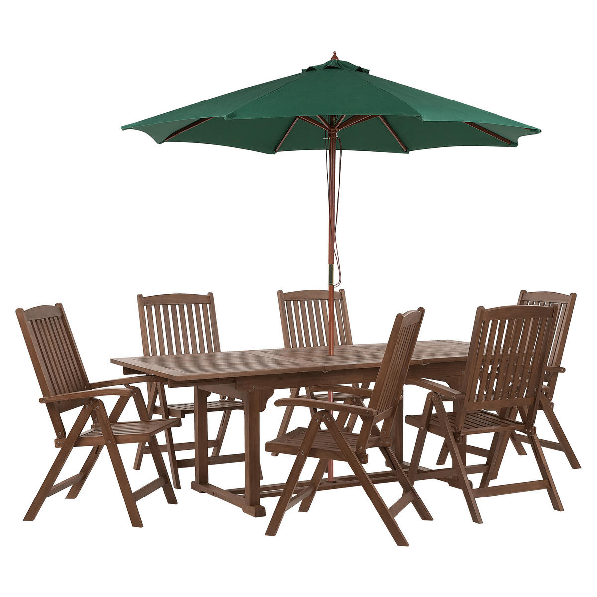 GARTENMÖBEL SET 6-Sitzer mit Sonnenschirm grün Akazienholz dunkelbraun Amantea - Dunkelbraun/Grün, Holz - Beliani