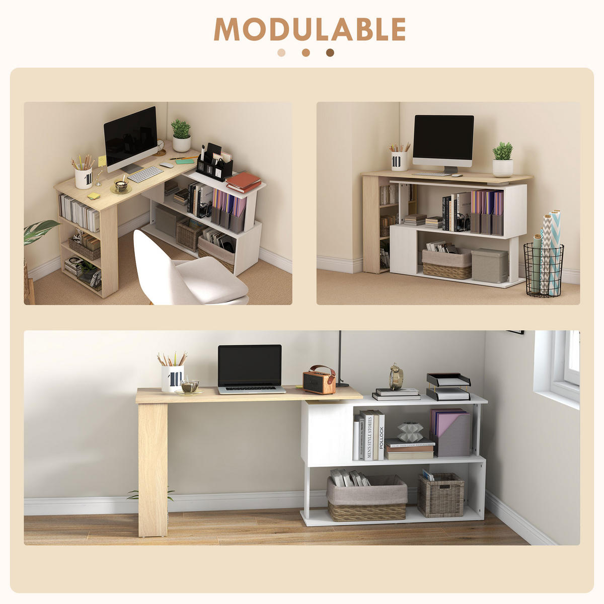 SCHREIBTISCH DE-14943 modulierbar mit 360°-Drehbücherregal Natur - Naturfarben, Holzwerkstoff (120/110/74.5cm) - ComfortXL