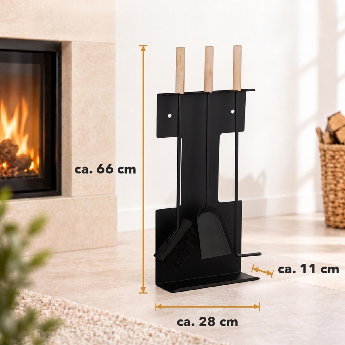 KAMINBESTECK Schwarz Natur 4-teilig Stahl - Schwarz, Holz/Metall (28/66/11cm) - Relaxdays
