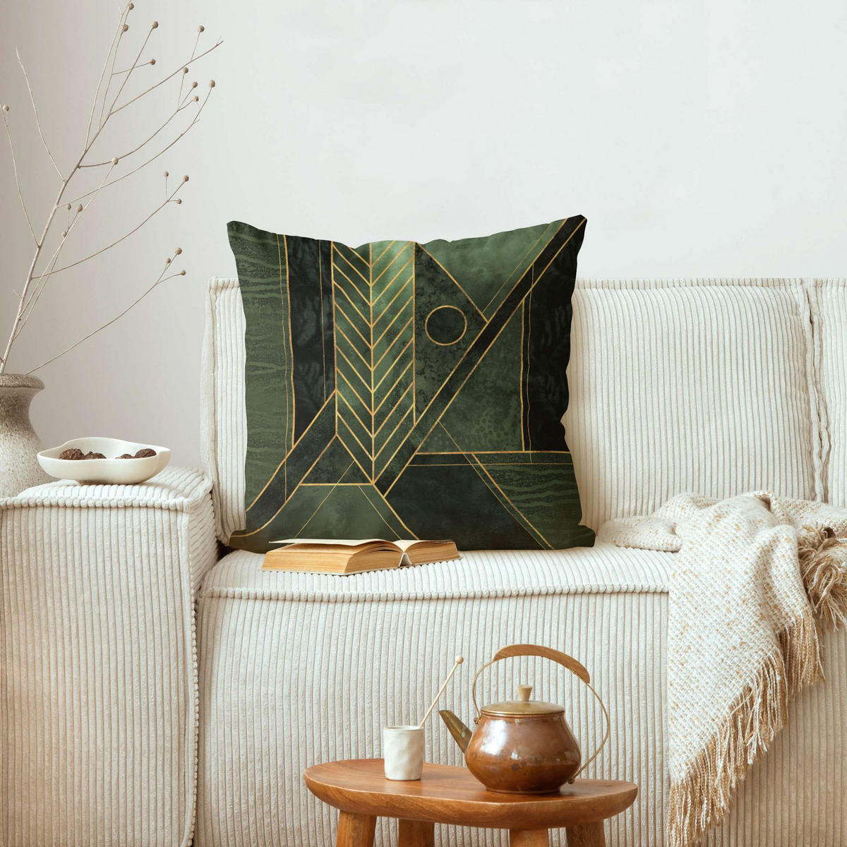 DEKOKISSEN Geometrische Formen Smaragd Gold 40/40 cm - Grün, Textil (40/40/10cm) - Bilderwelten