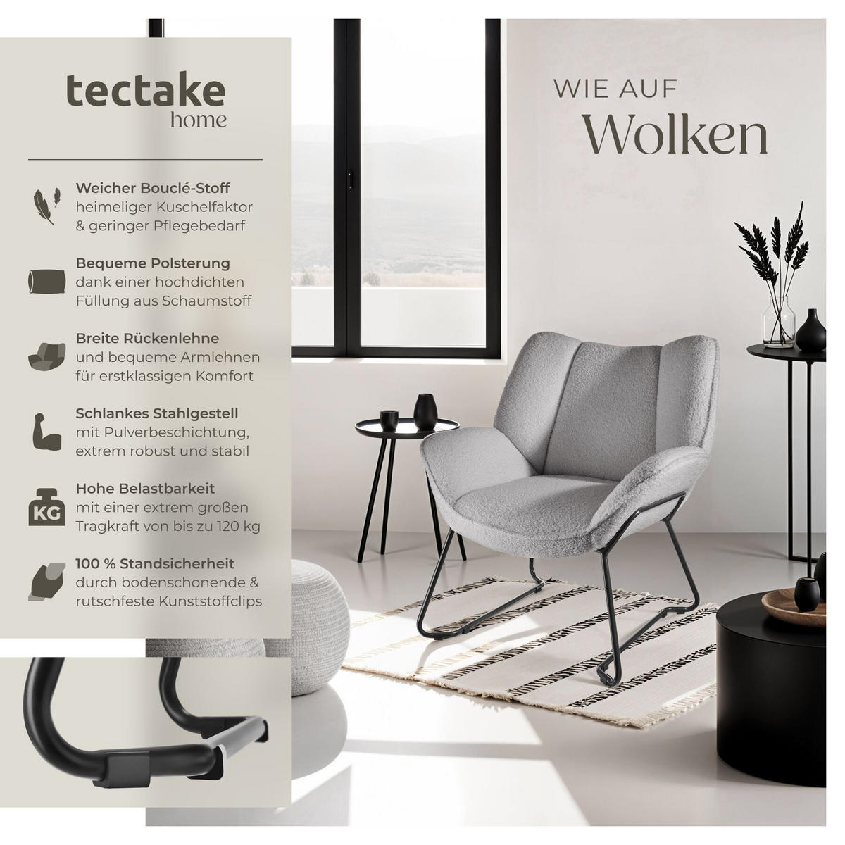 SESSEL Kjeld,73 x 72 x 81 cm,hellgrau - Hellgrau, Kunststoff (73/81/72cm) - tectake