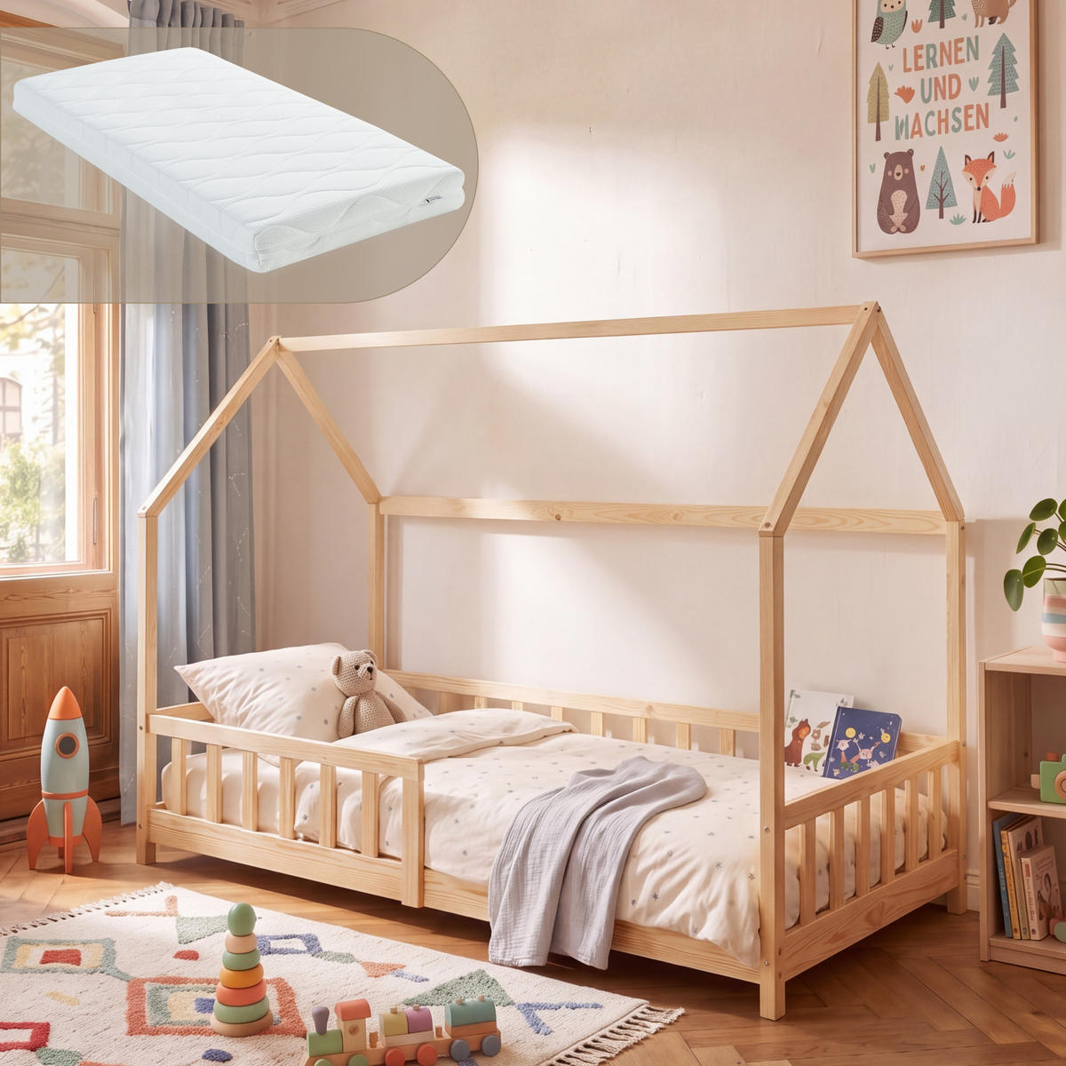 HAUSBETT Hesel mit Matratze - Naturfarben, Holz/Textil (90/200cm) - [en.casa]