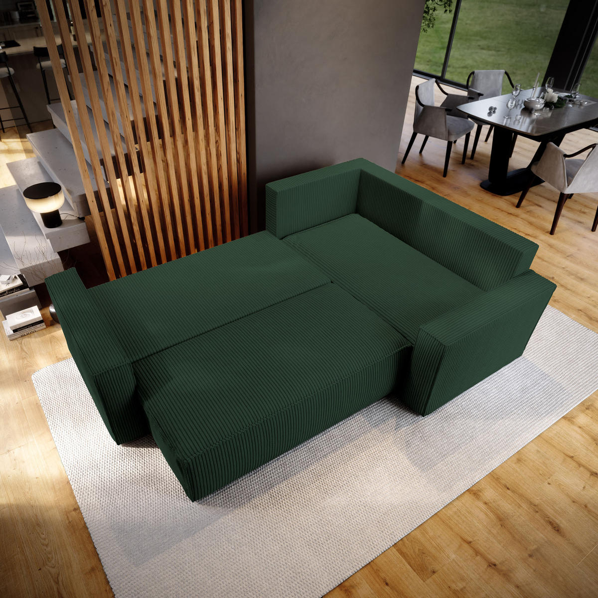 ECKSOFA ESTANO R-S Grün Kordstoff mit Schlaffunktion - Grün, Holz (230/158cm) - MASSENO