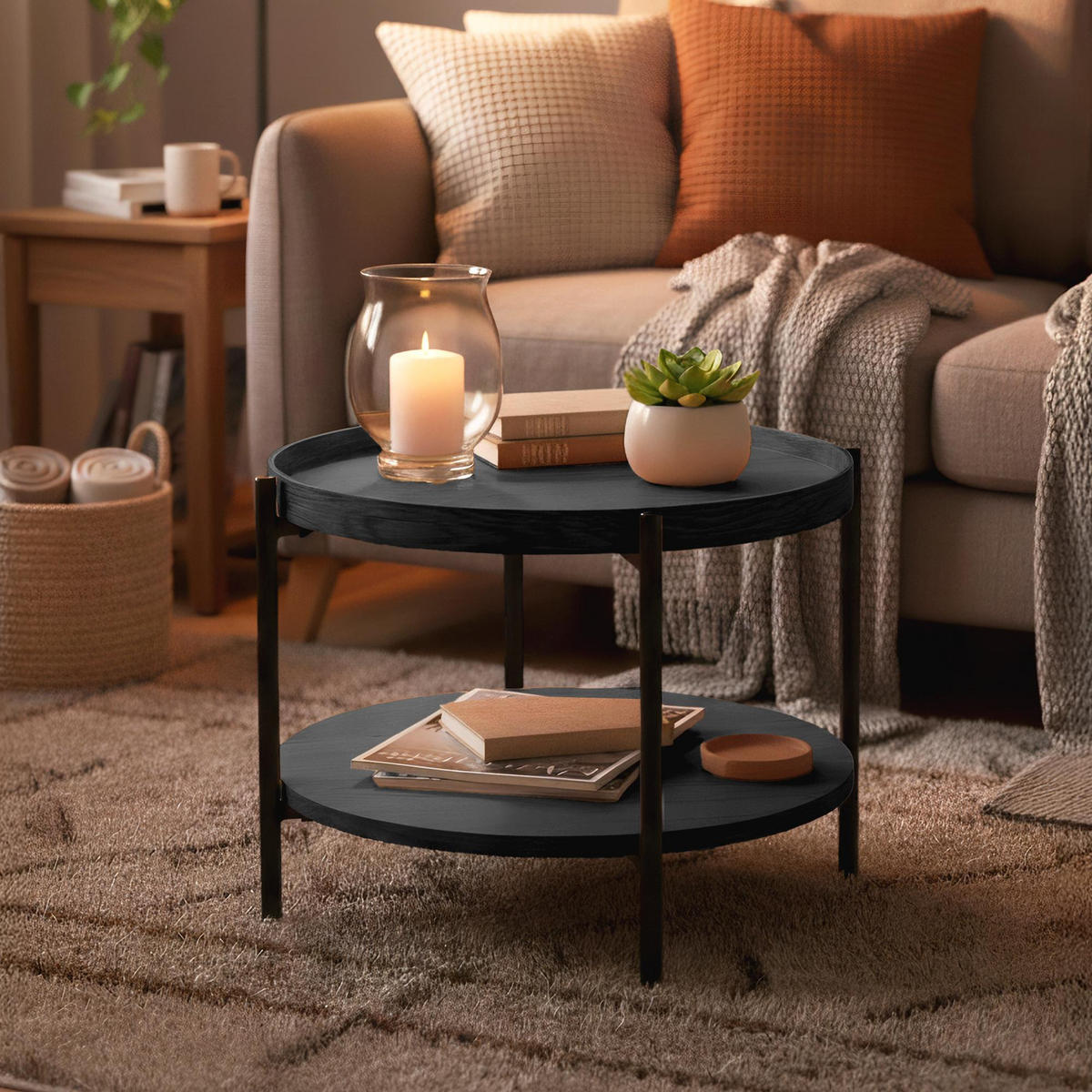 COUCHTISCH Honim Holz Grau Beistelltisch Rund - Grau, Holz (50/50/40cm) - DELUKE