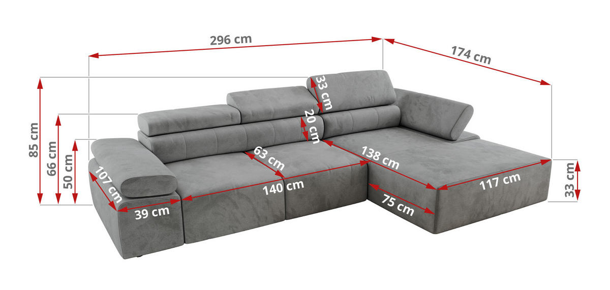 ECKSOFA RILASSO L Hellgrau Velvet - links - Hellgrau/Schwarz, Kunststoff/Textil (296/174cm) - MKS