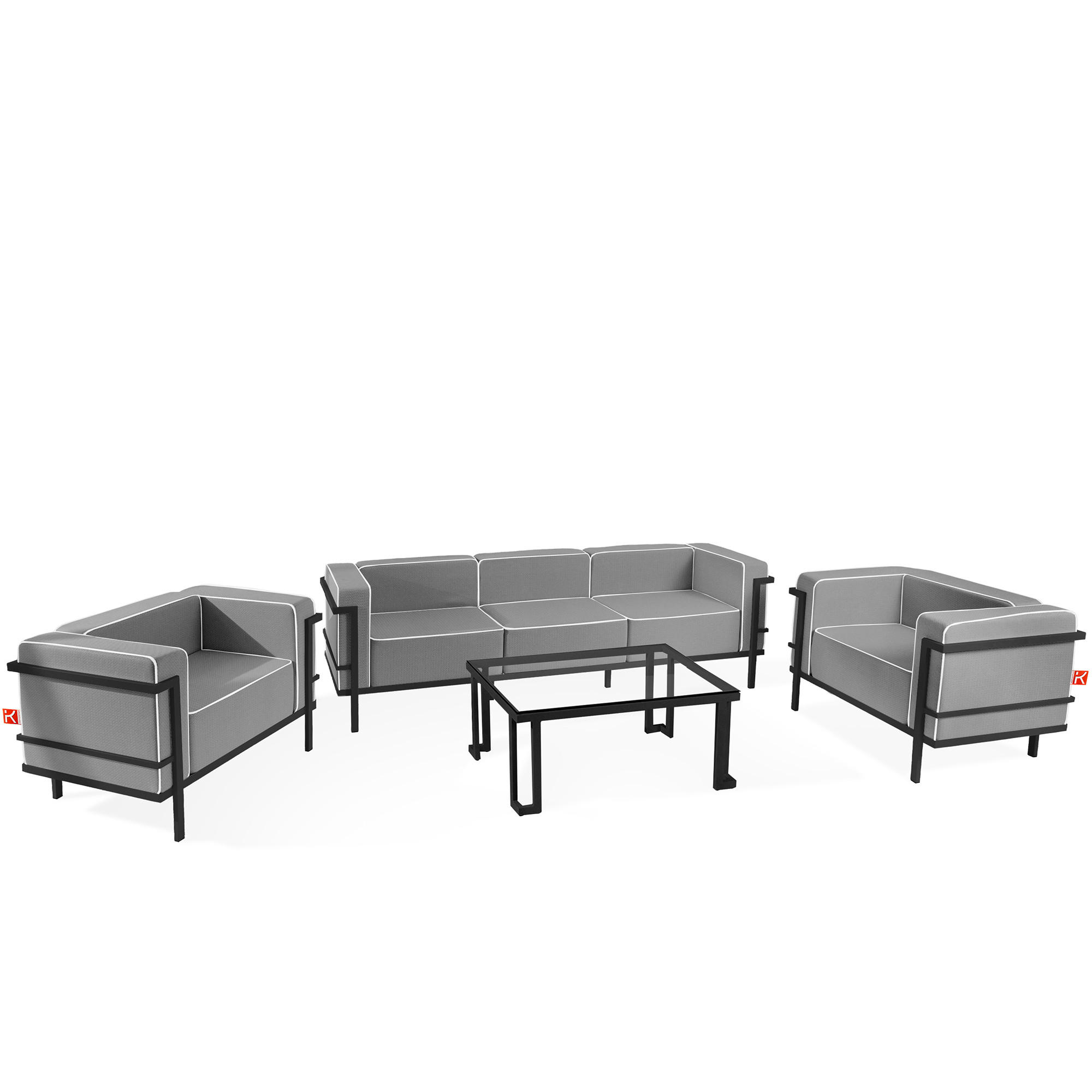 GARTENLOUNGE-SET TRIGLO 1x Tisch, 2x Sessel, 1x Sofa 3-Sitzer, 4-tlg., Modern, Dunkelgrau - Dunkelgrau/Schwarz, Glas/Textil - KONSIMO®
