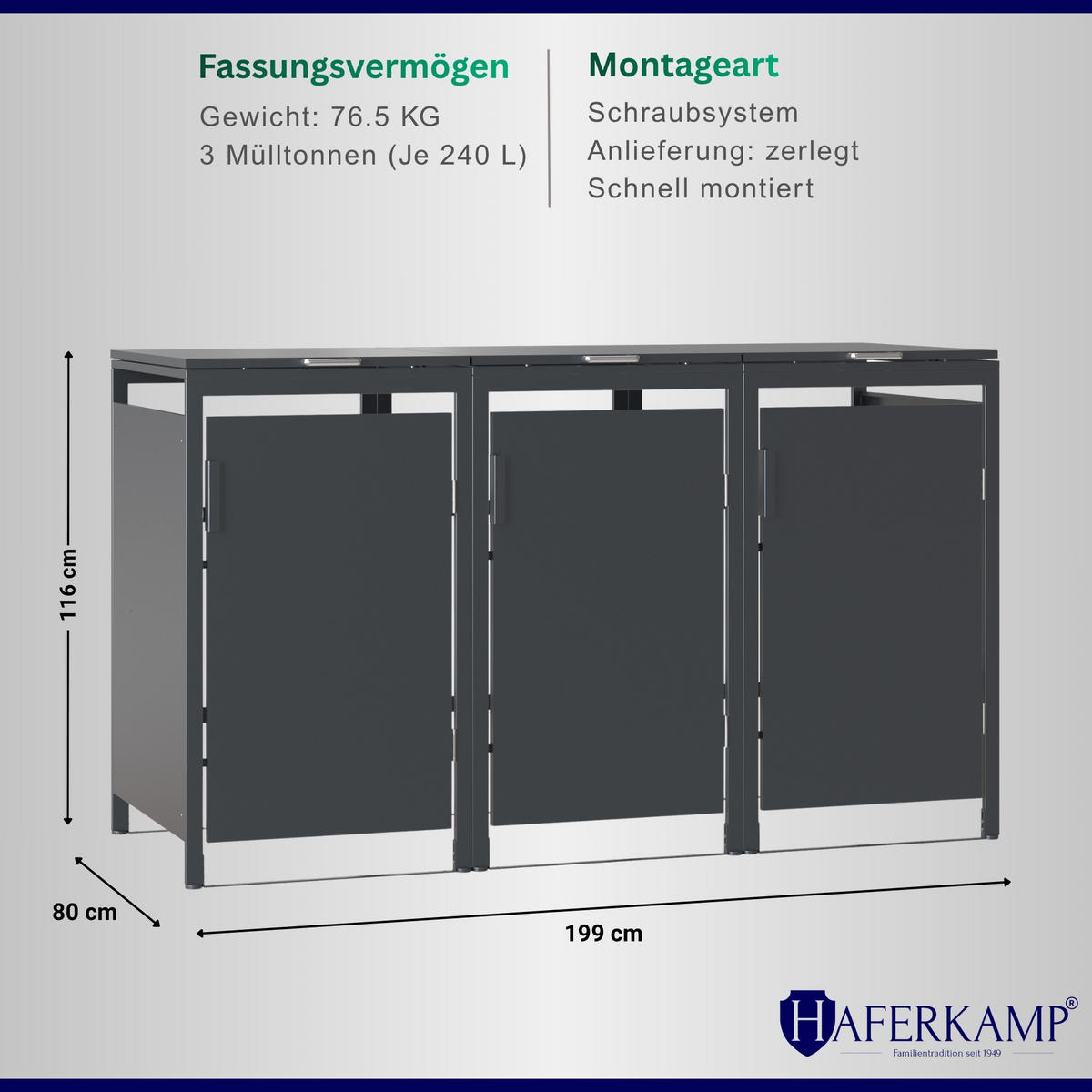 MÜLLTONNENBOX MODUS 3er HxBxT 118,5x204x80cm für 3 x 240 Liter Mülltonnen Verzinkter Stahl - Grau, Metall (204/118.5/80cm)