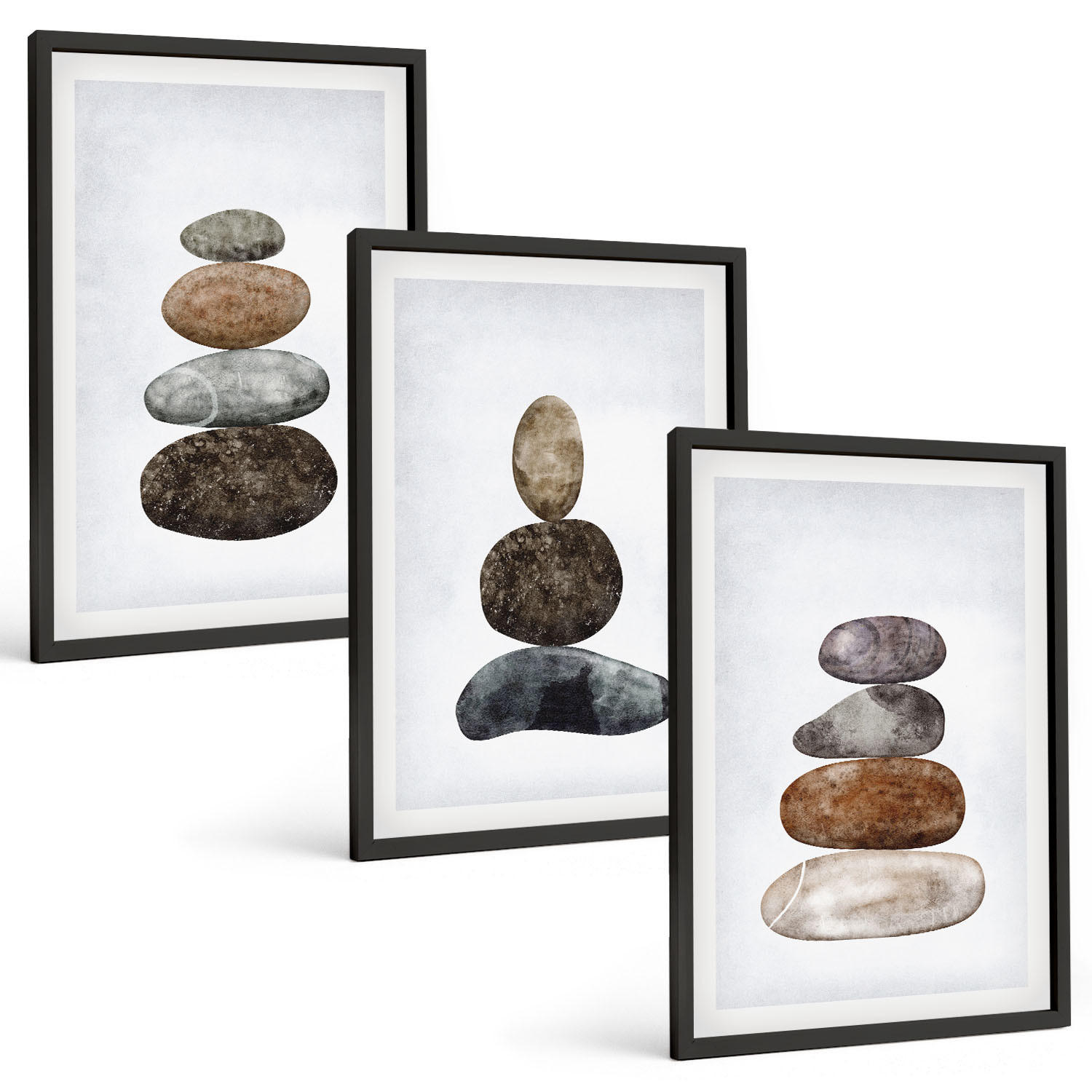 BILDER SET 3er Set - 40x60 cm Schwarzer Rahmen - Minimalistische Boho-Steine - Schwarz, Kunststoff (40/60cm) - TULUP