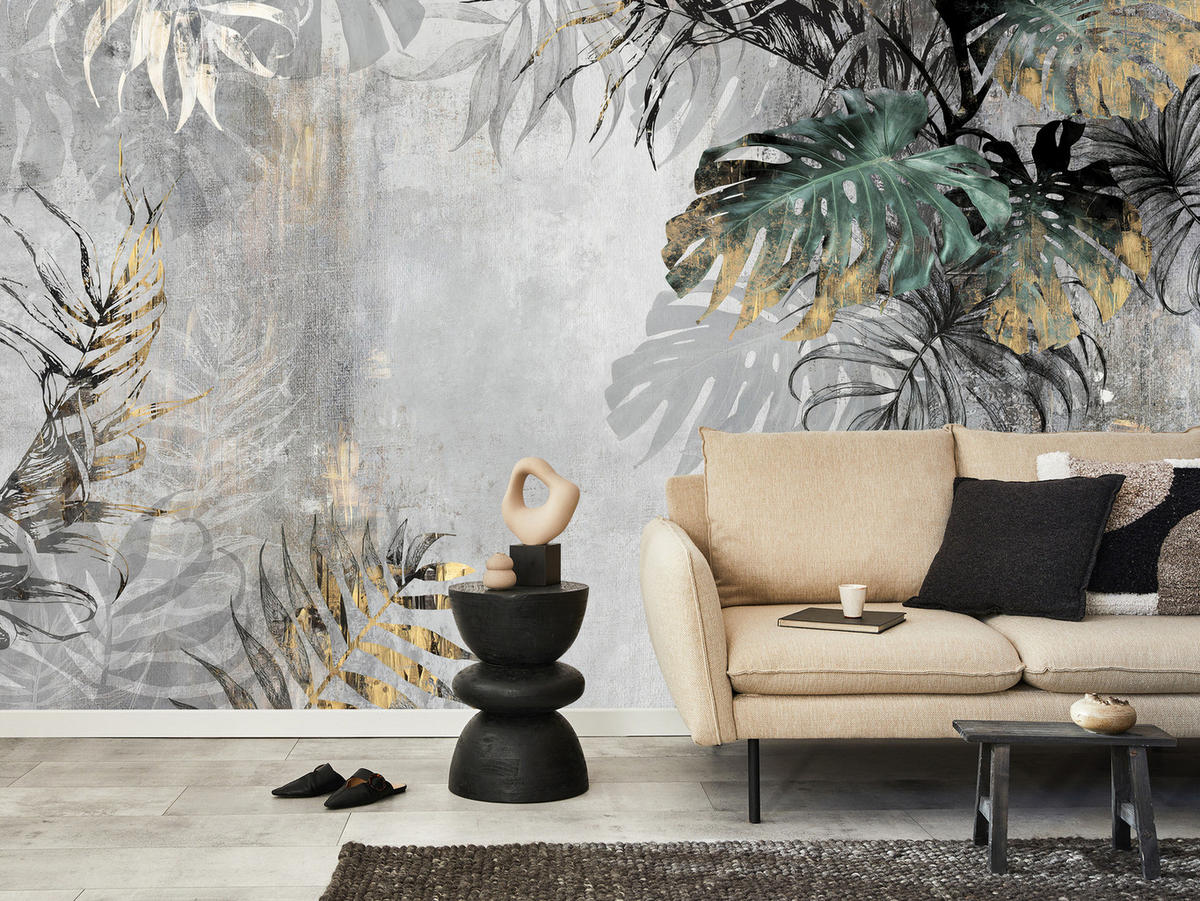 FOTOTAPETE Tropische Blätter auf Beton Vintage 350x256 - Gelb/Beige, Papier (350/256cm) - Muralo