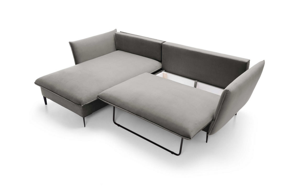 ECKSOFA SOLE Grau Plüsch-Stoff mit Schlaffunktion - Grau, Holz (258/167cm) - MASSENO