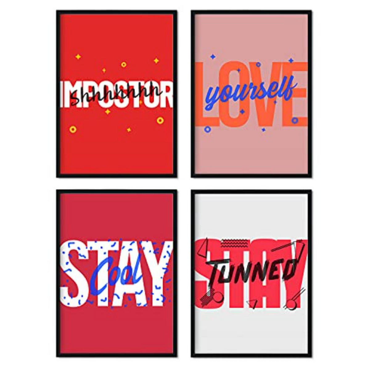 POSTER Set mit 4 roten Etikettendesign und Motivationsnachrichten A3 Schwarzer Rahmen - Schwarz, Papier (29.7/3cm) - Nacnic