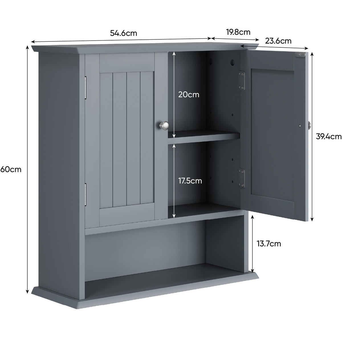 BADEZIMMERSCHRANK Wandregal mit Türen 54,6 x 19,8 x 60 cm Hellgrau - Hellgrau, Holzwerkstoff (19.8/60/54.6cm) - Beauniv
