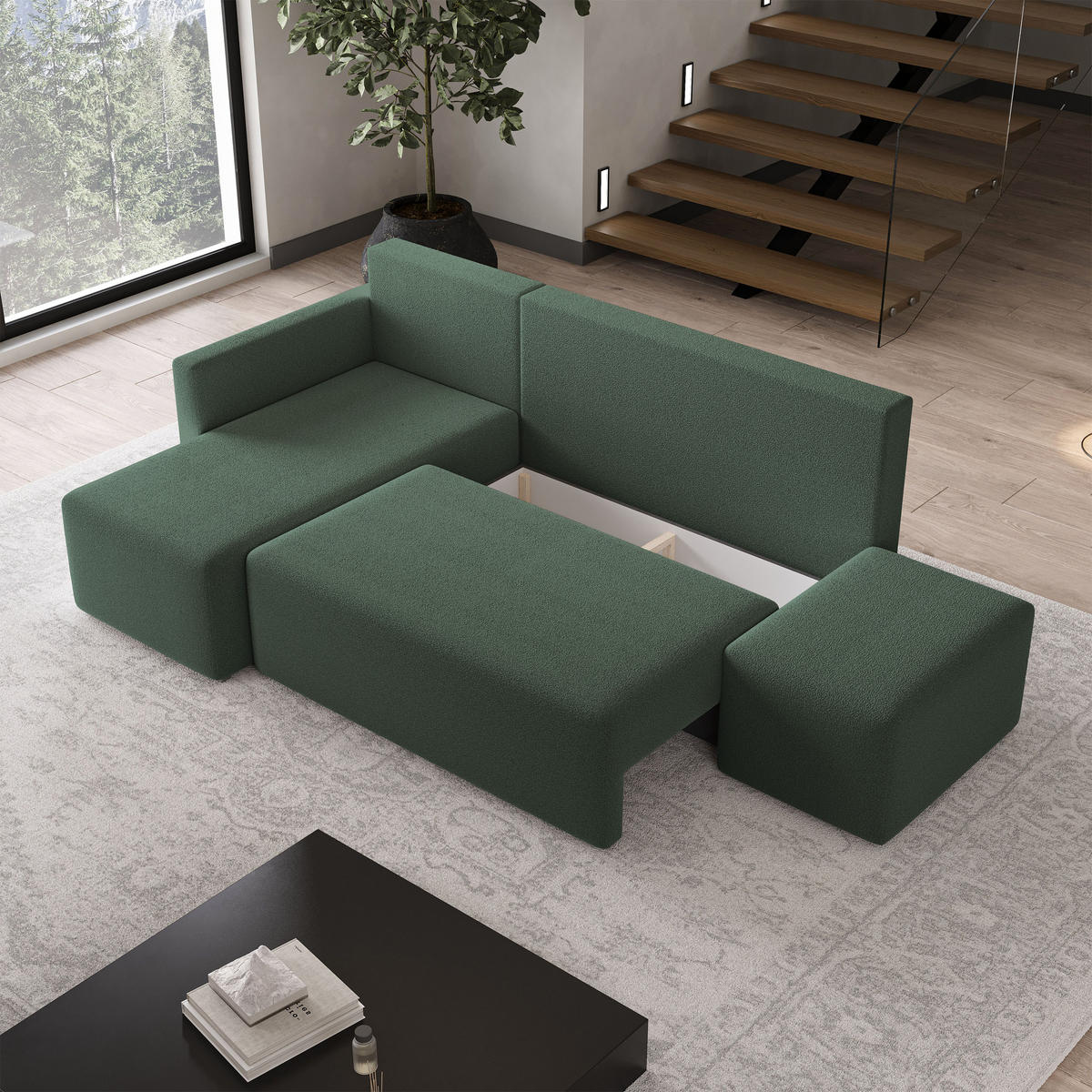 ECKSOFA VELOTTI L-S Grün Boucle-Stoff mit Schlaffunktion - Grün, Holz (261/143cm) - MASSENO