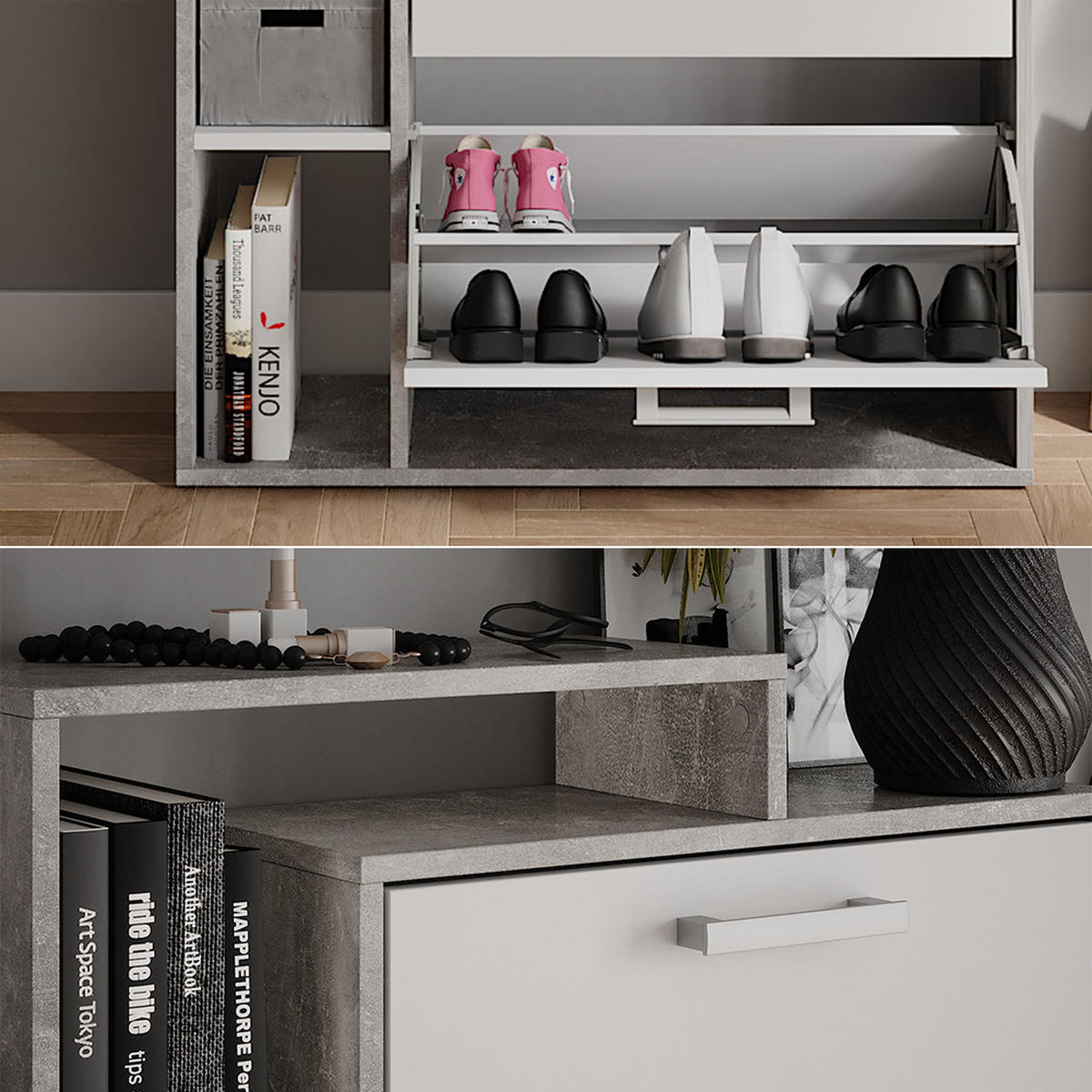 SCHUHKIPPER Orlando Weiß/Beton 80 x 166.1 cm mit 4 Fächern - Weiß/Grau, Holzwerkstoff (80/166.1/24.2cm) - Vicco
