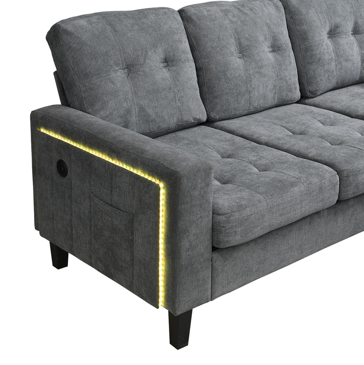 ECKSOFA 185/135/85 cm mit Schlaffunktion Antique Gray aus Chenille mit LED und USB - Grau, Kunststoff (135/185cm) - OKWISH